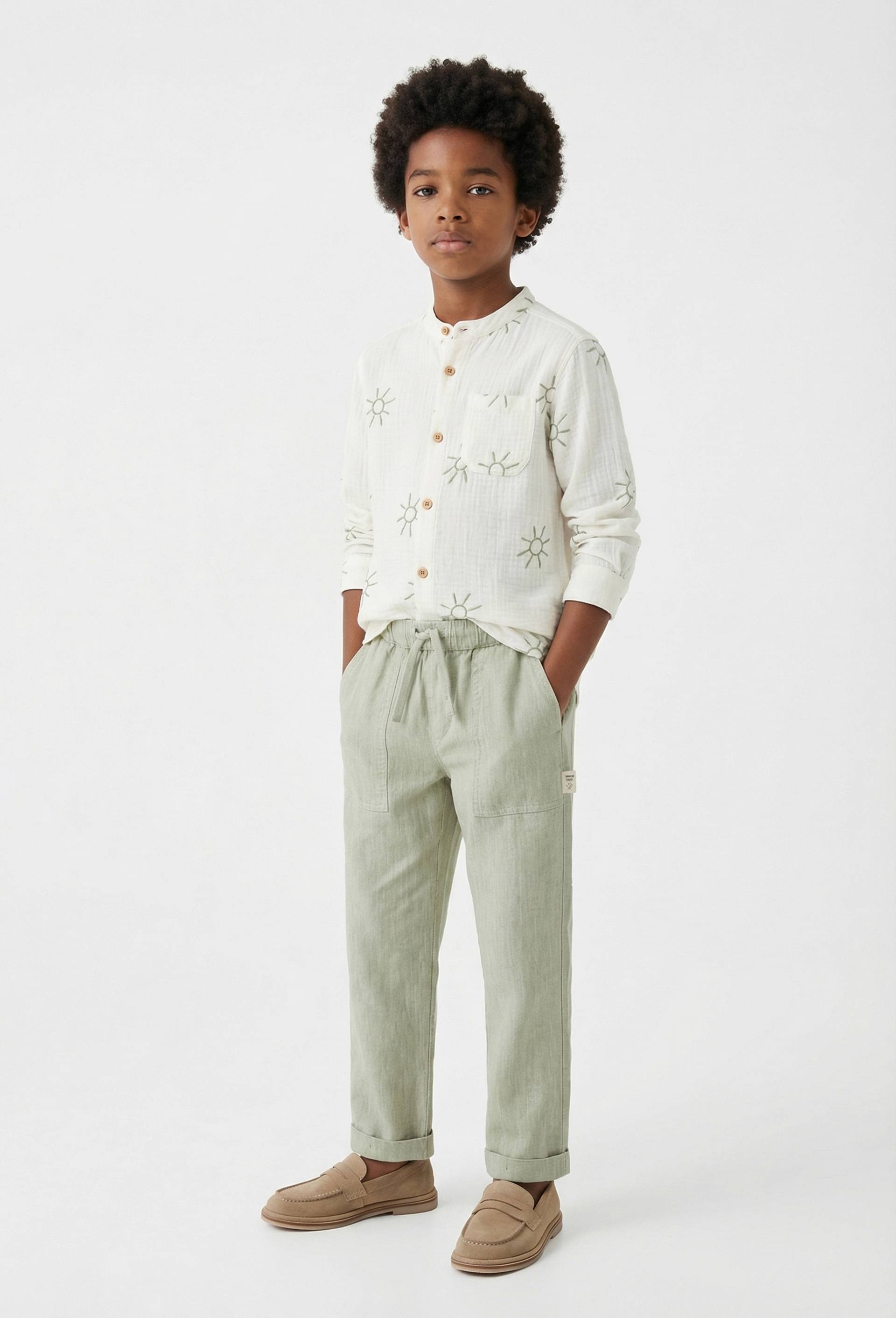 Pantalon uni avec taille &eacute;lastiqu&eacute;e en coton et lin, Vert clair, large image number 0