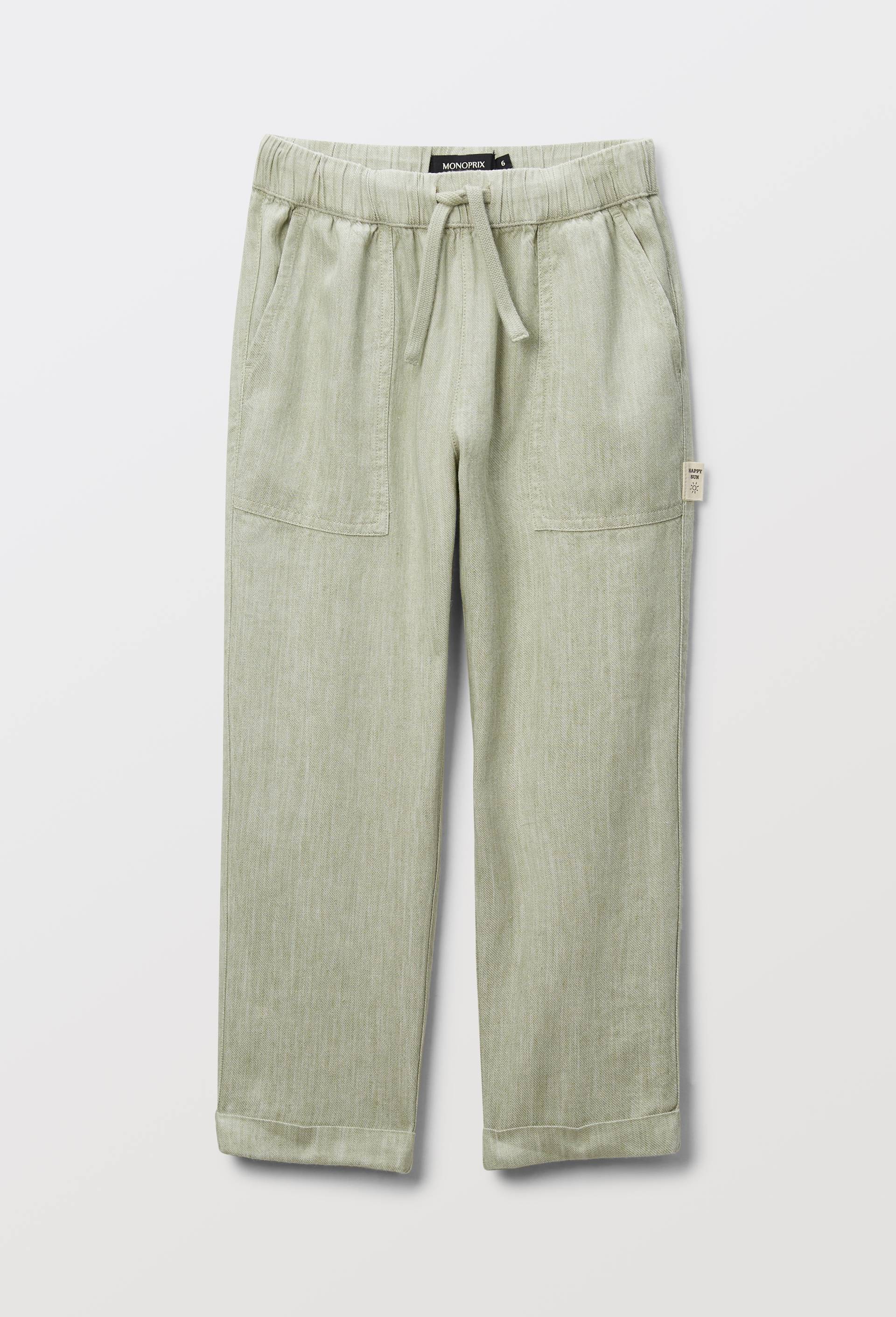Pantalon uni avec taille &eacute;lastiqu&eacute;e en coton et lin, Vert clair, large image number 1