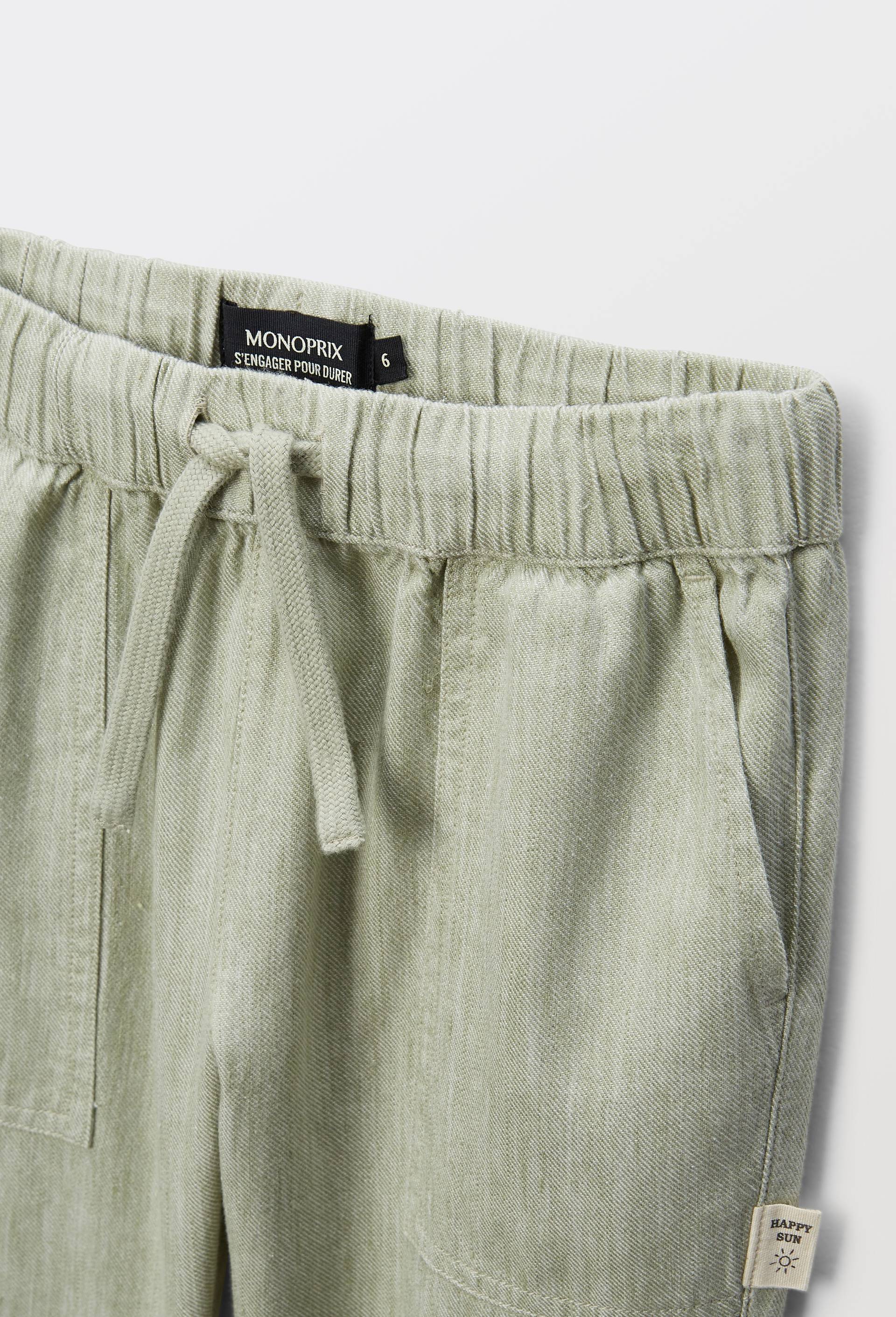 Pantalon uni avec taille &eacute;lastiqu&eacute;e en coton et lin, Vert clair, large image number 3