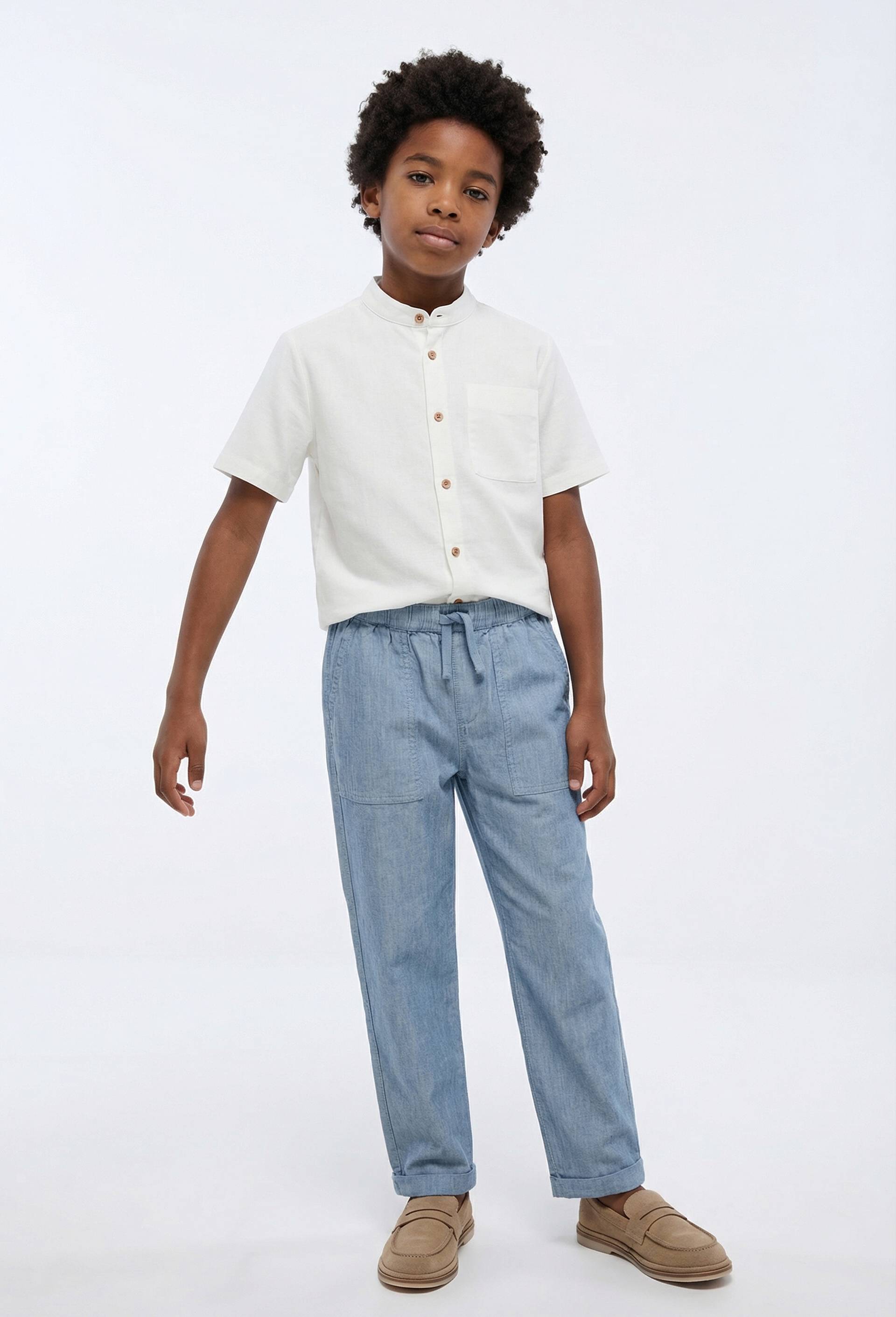 Pantalon uni avec taille &eacute;lastiqu&eacute;e en coton et lin, Bleu, large image number 0