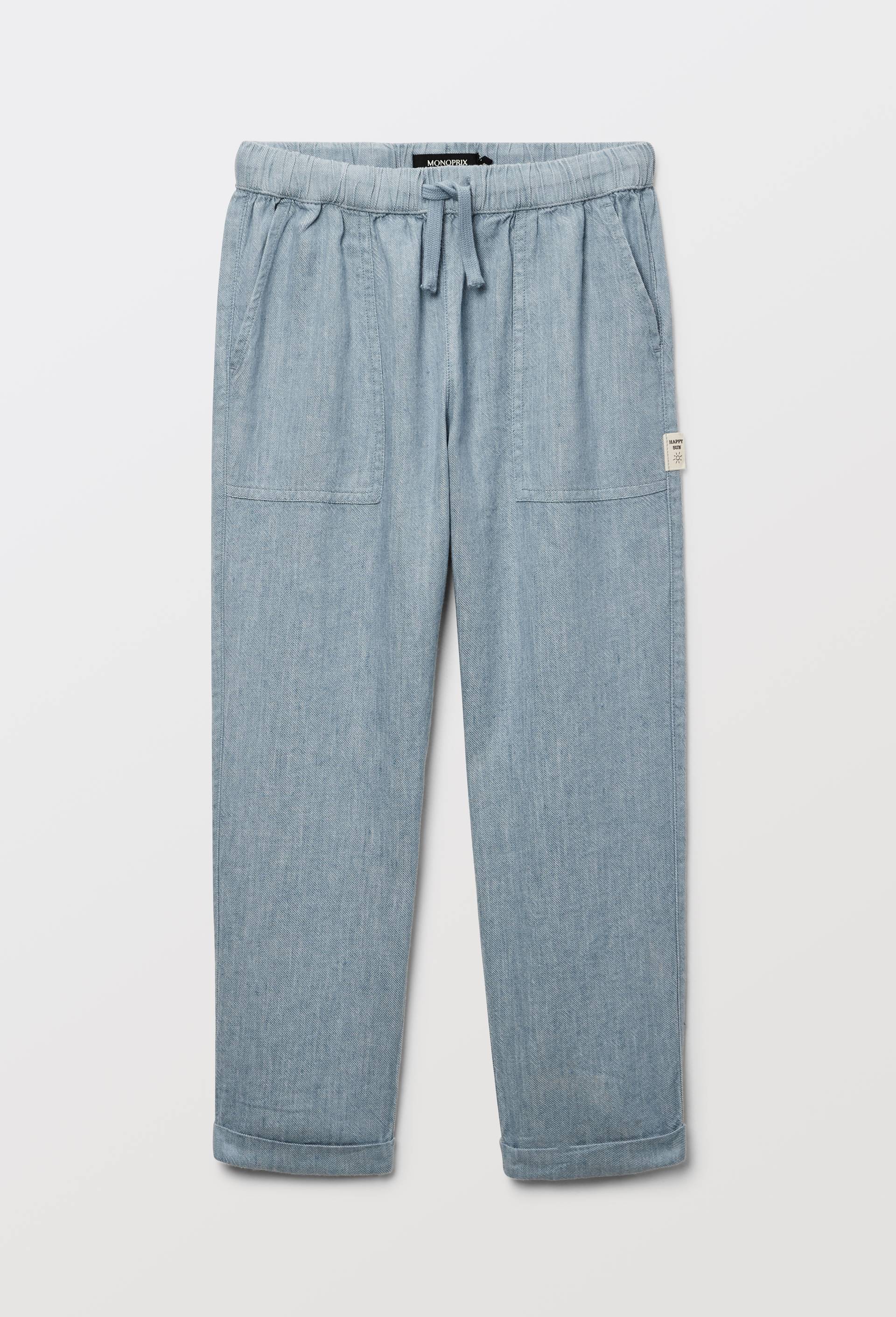Pantalon uni avec taille &eacute;lastiqu&eacute;e en coton et lin, Bleu, large image number 1.0