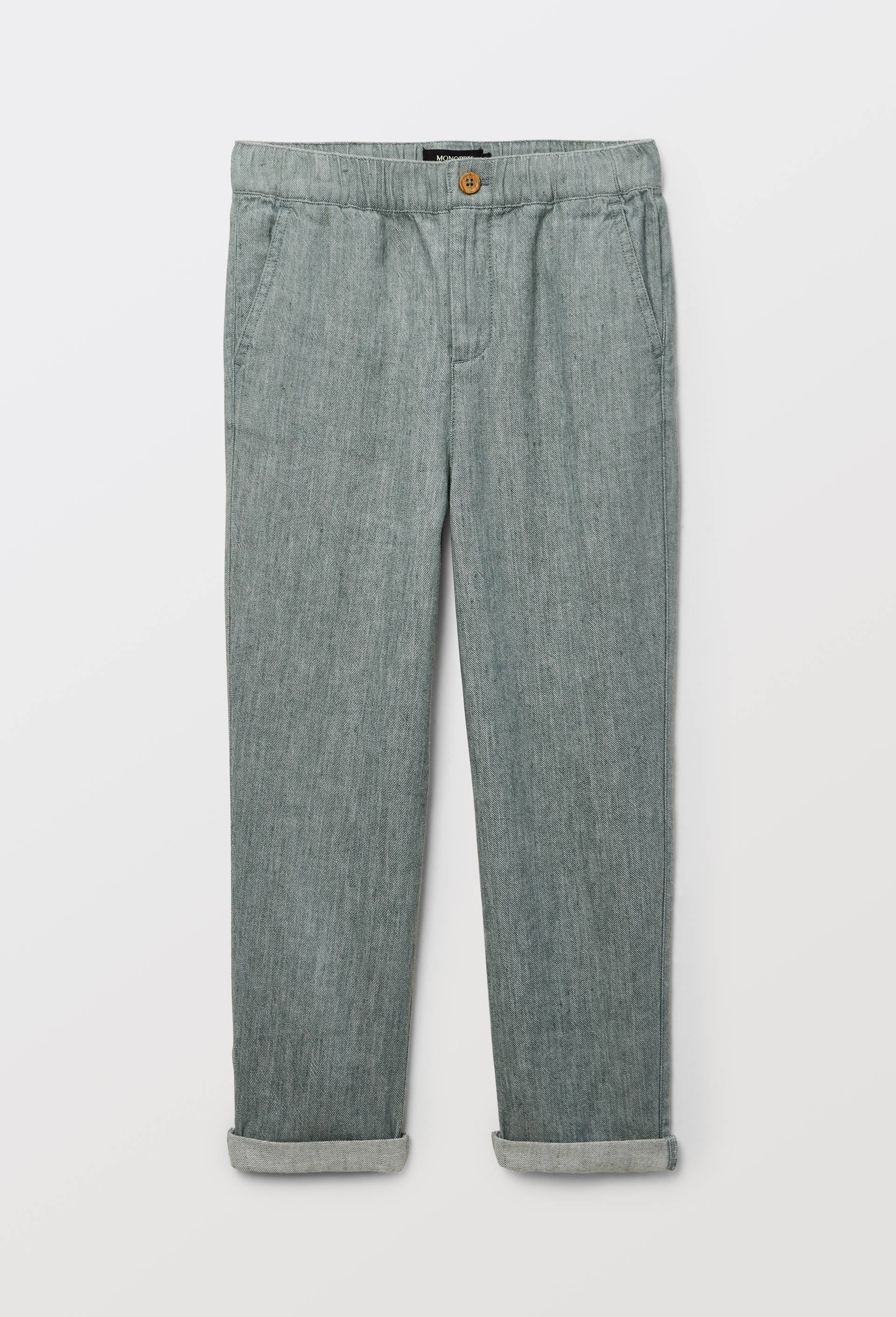 Pantalon droit uni en coton et lin, Vert, large image number 0