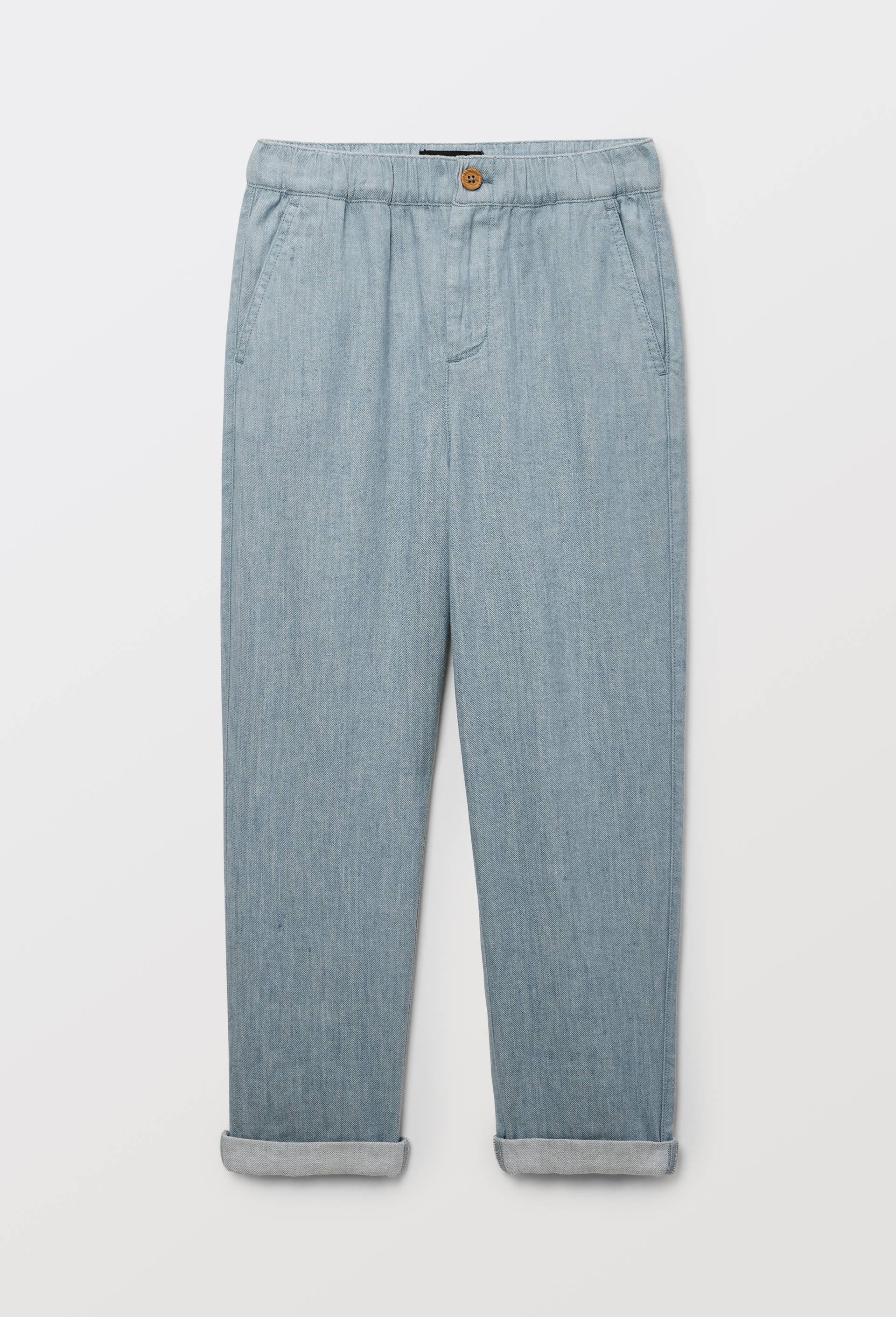 Pantalon droit uni en coton et lin, Bleu, swatch image