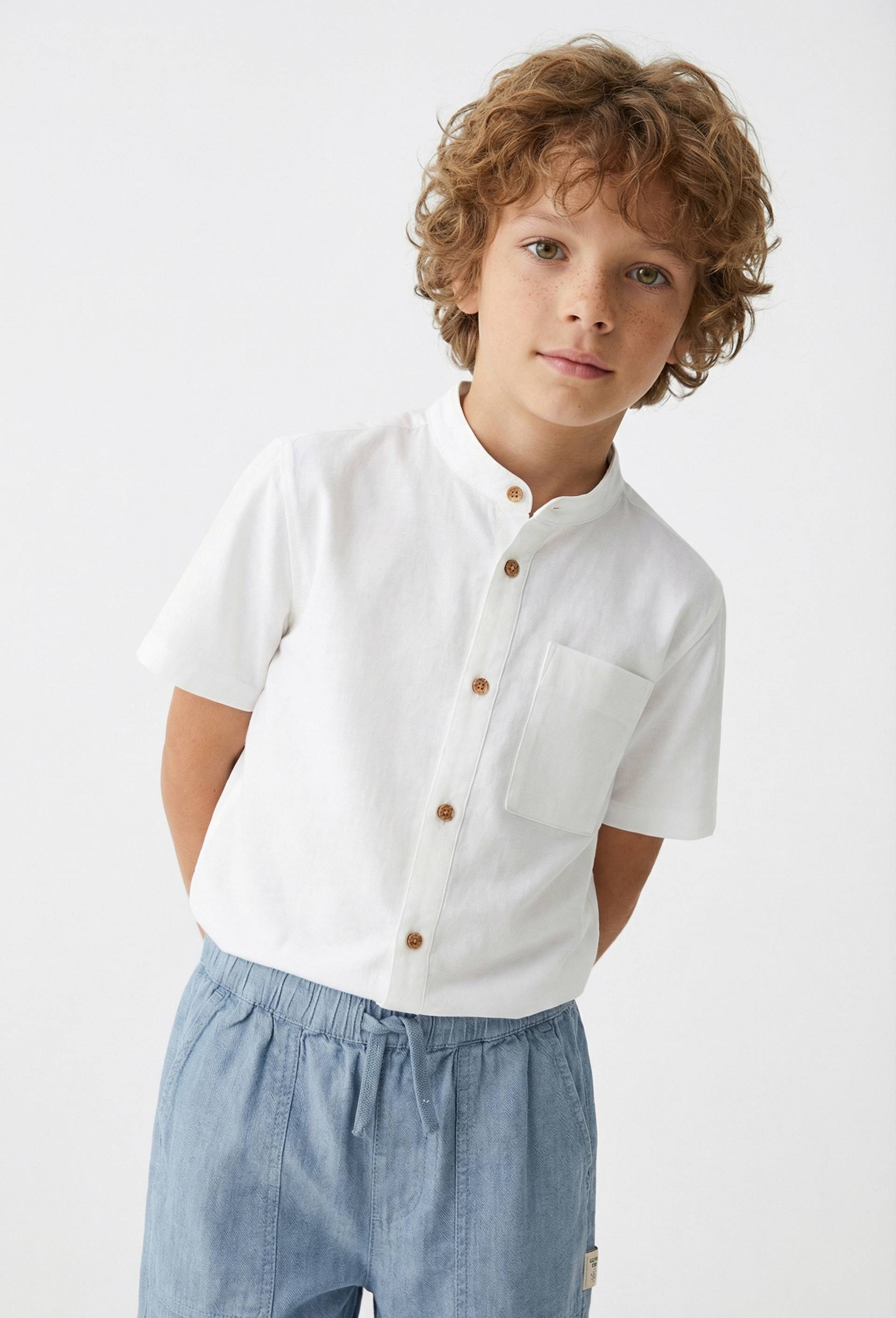 Chemise col mao manches courtes unie en coton et lin, Blanc, large image number 0