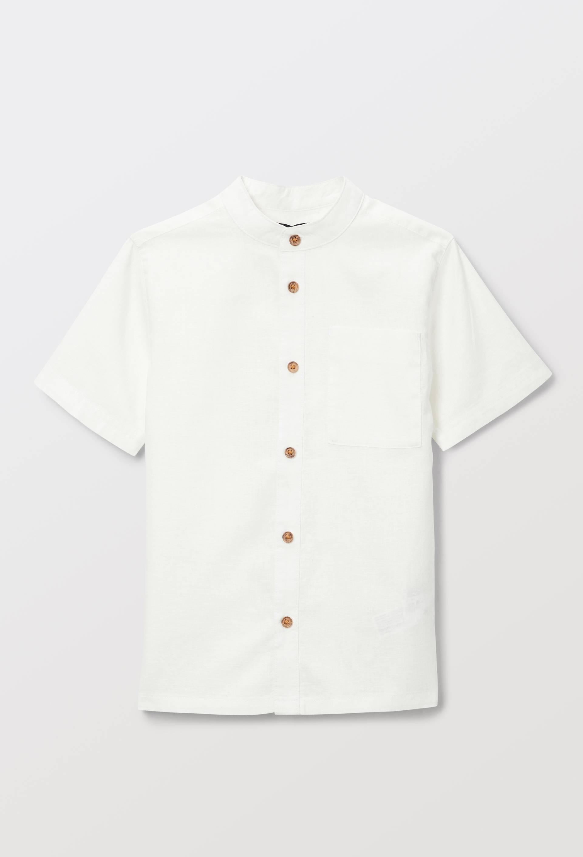 Chemise col mao manches courtes unie en coton et lin, Blanc, large image number 1.0