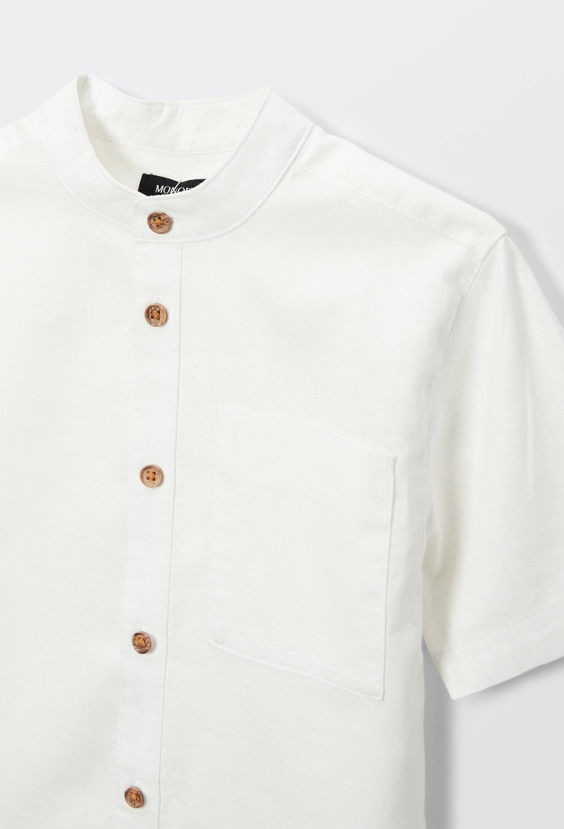 Chemise col mao manches courtes unie en coton et lin, Blanc, large image number 3.0
