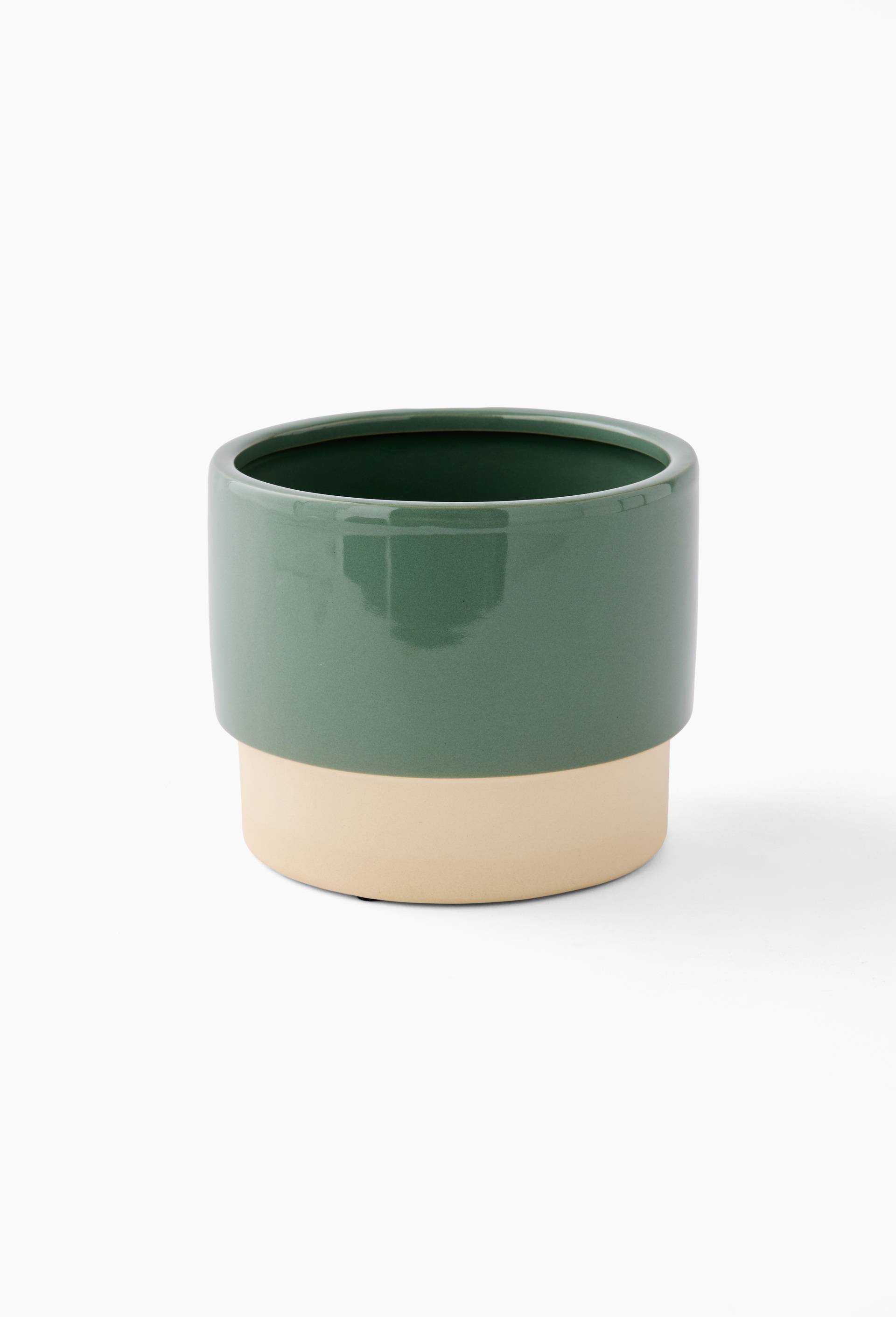 Cache pot bicolore, 17.5x14cm, en gr&egrave;s, Vert, swatch image