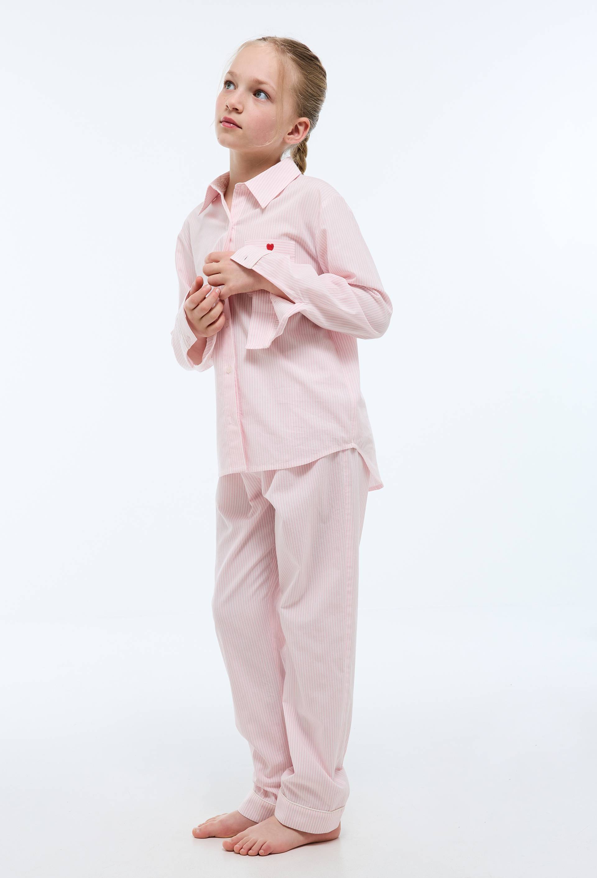Pyjama manches longues ray&eacute; avec broderie en coton BIO GOTS, Rose clair, large image number 0.0
