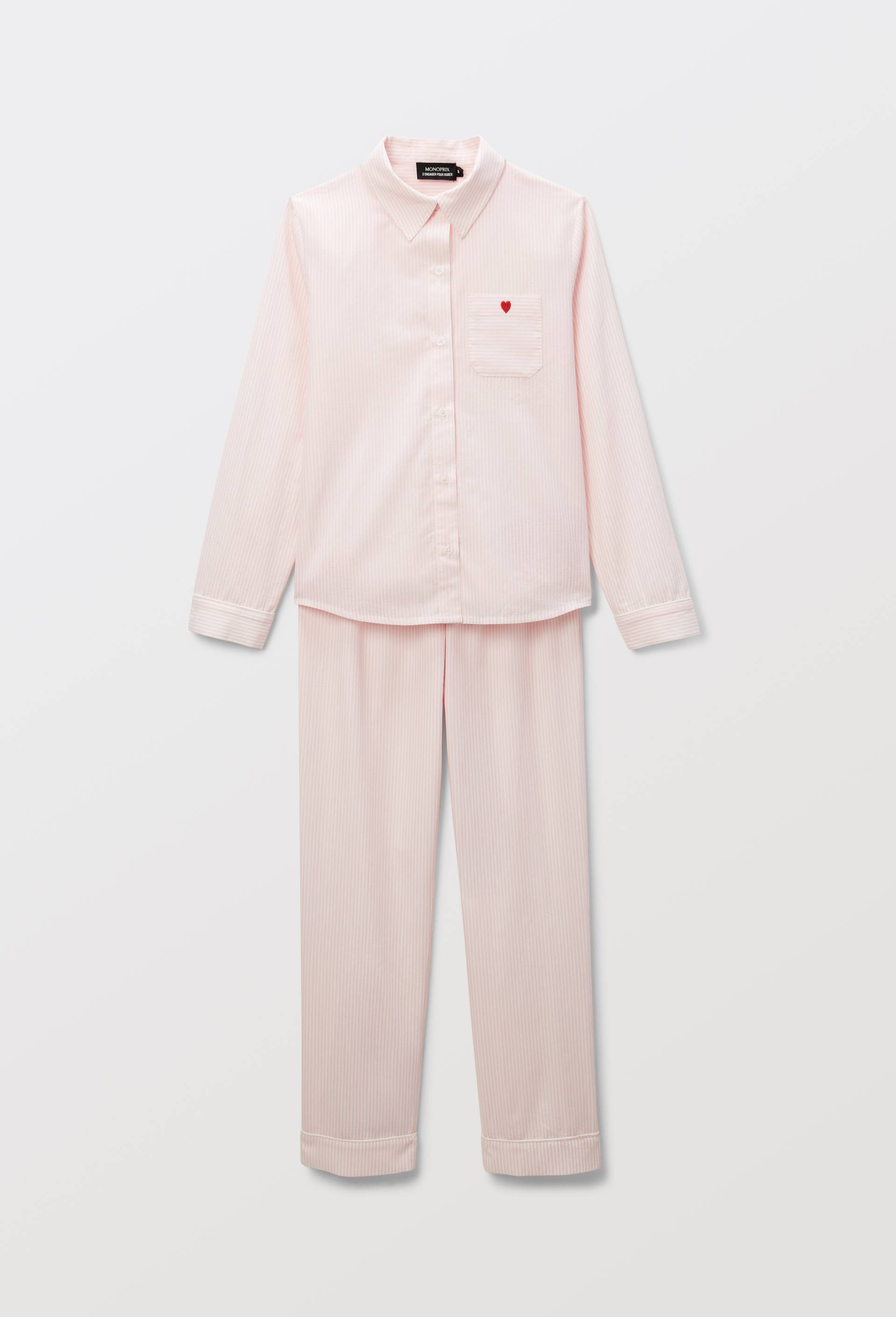 Pyjama manches longues ray&eacute; avec broderie en coton BIO GOTS, Rose clair, large image number 1
