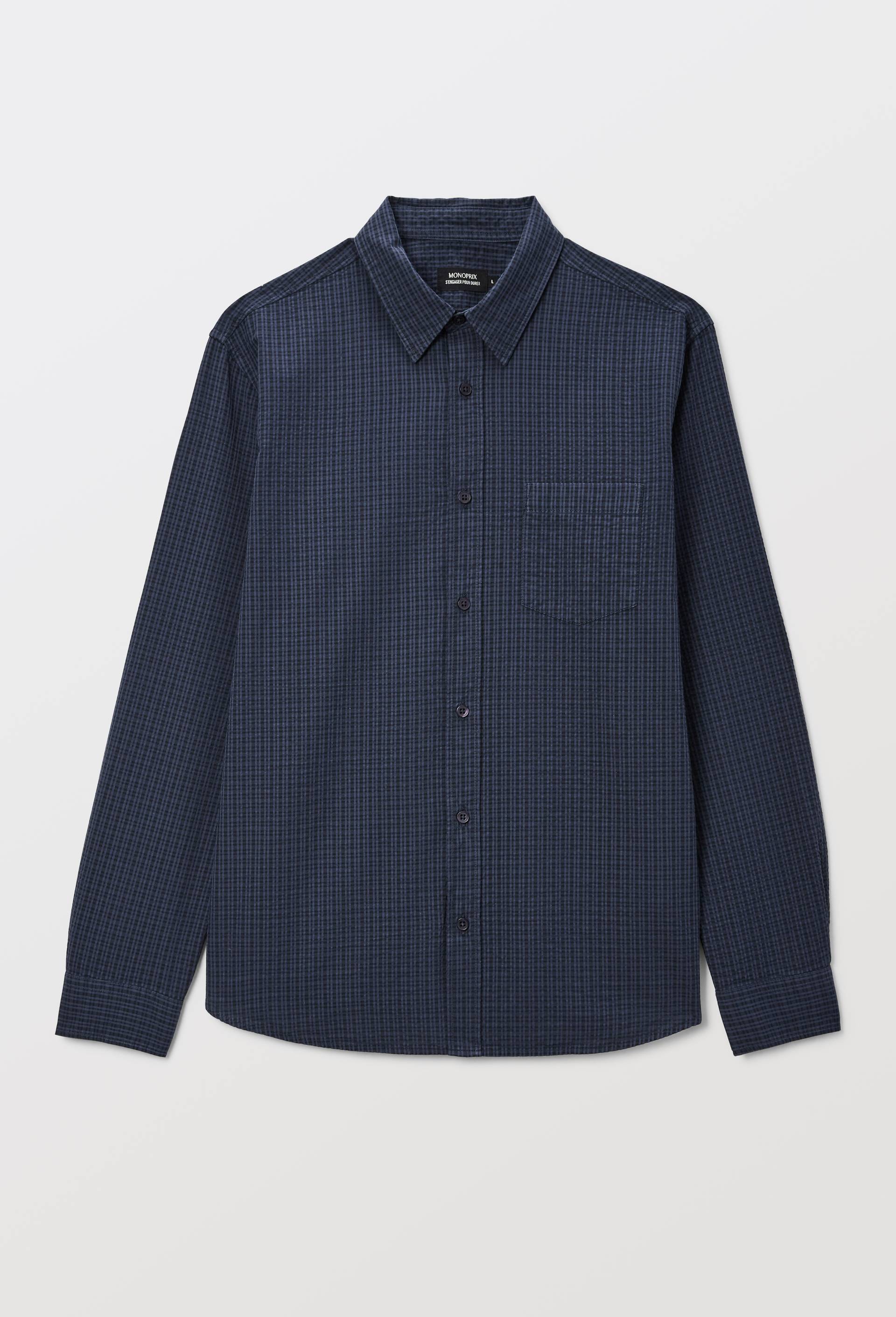 Chemise manches longues seersucker &agrave; carreaux en coton bio GOTS, Bleu fonc&eacute;, large image number 4