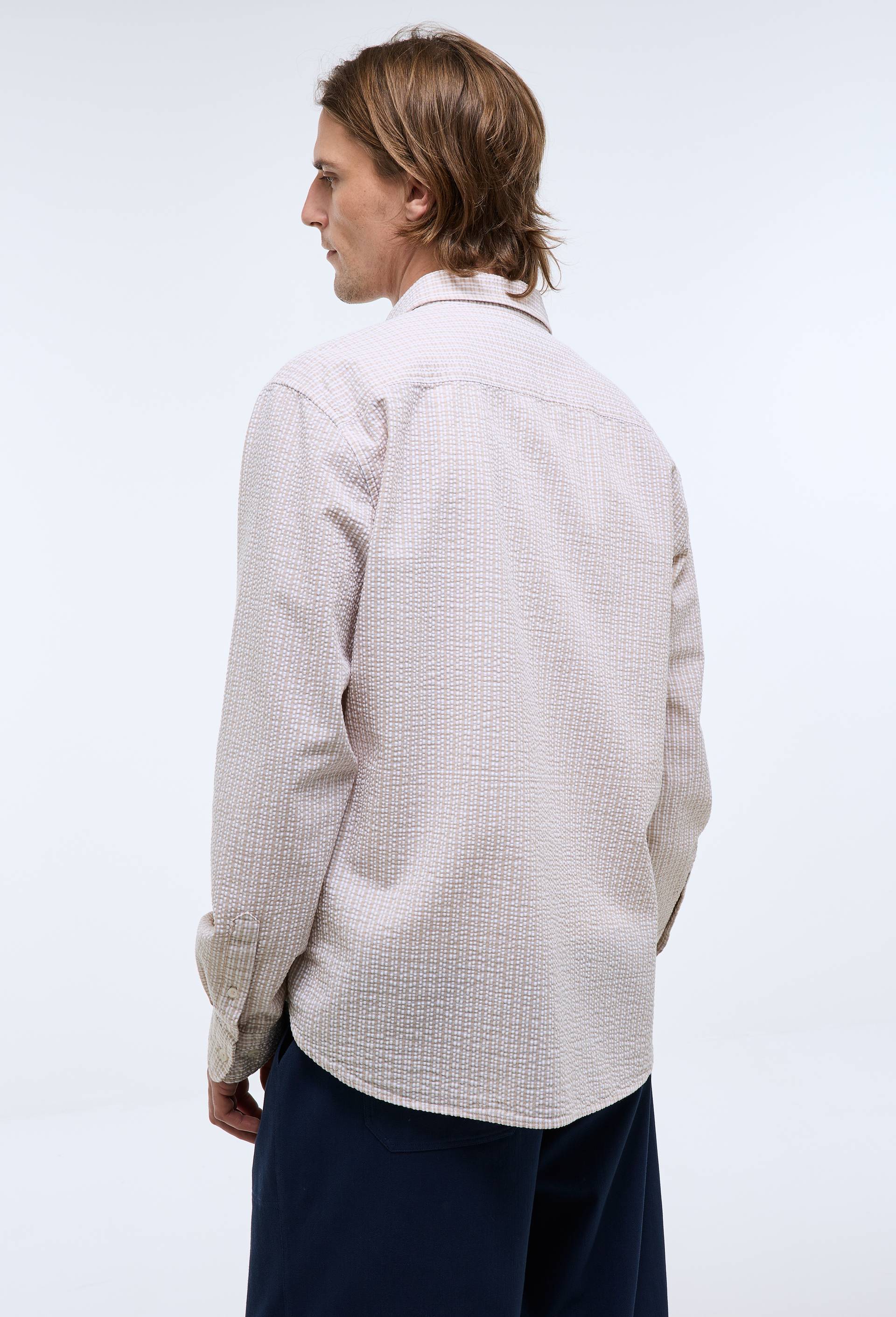 Chemise manches longues seersucker &agrave; carreaux en coton bio GOTS, Ecru, large image number 2.0