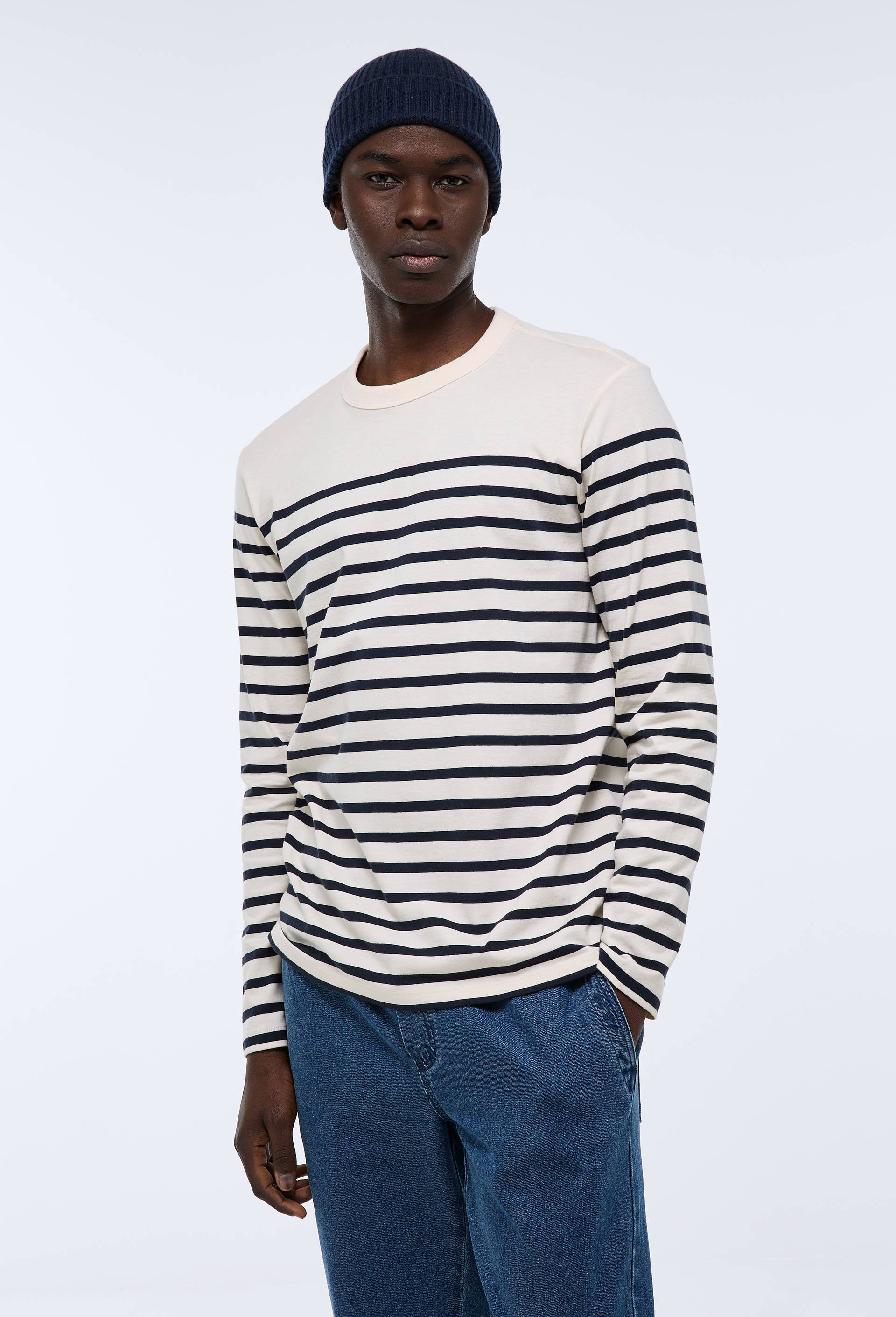 T-shirt manches longues ray&eacute; en coton bio GOTS, Bleu fonc&eacute;, large image number 0.0