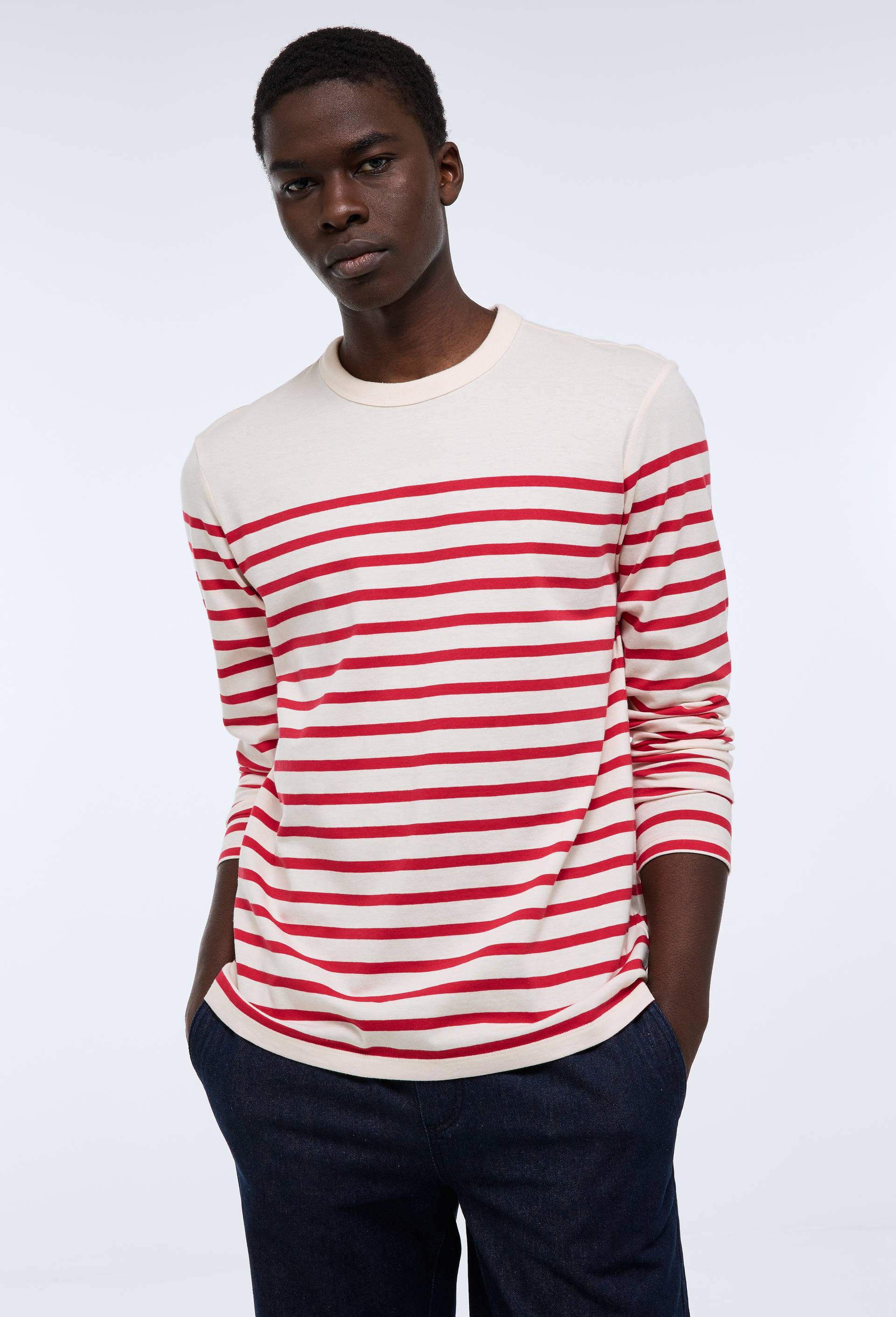 T-shirt manches longues ray&eacute; en coton bio GOTS, Rouge, large image number 0.0