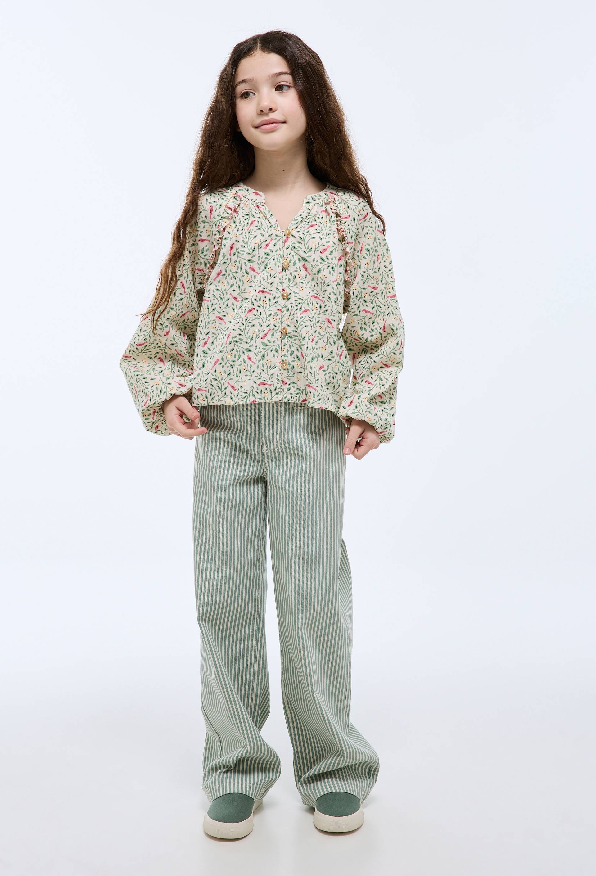 Pantalon ray&eacute; droit en coton, Vert clair, large image number 1