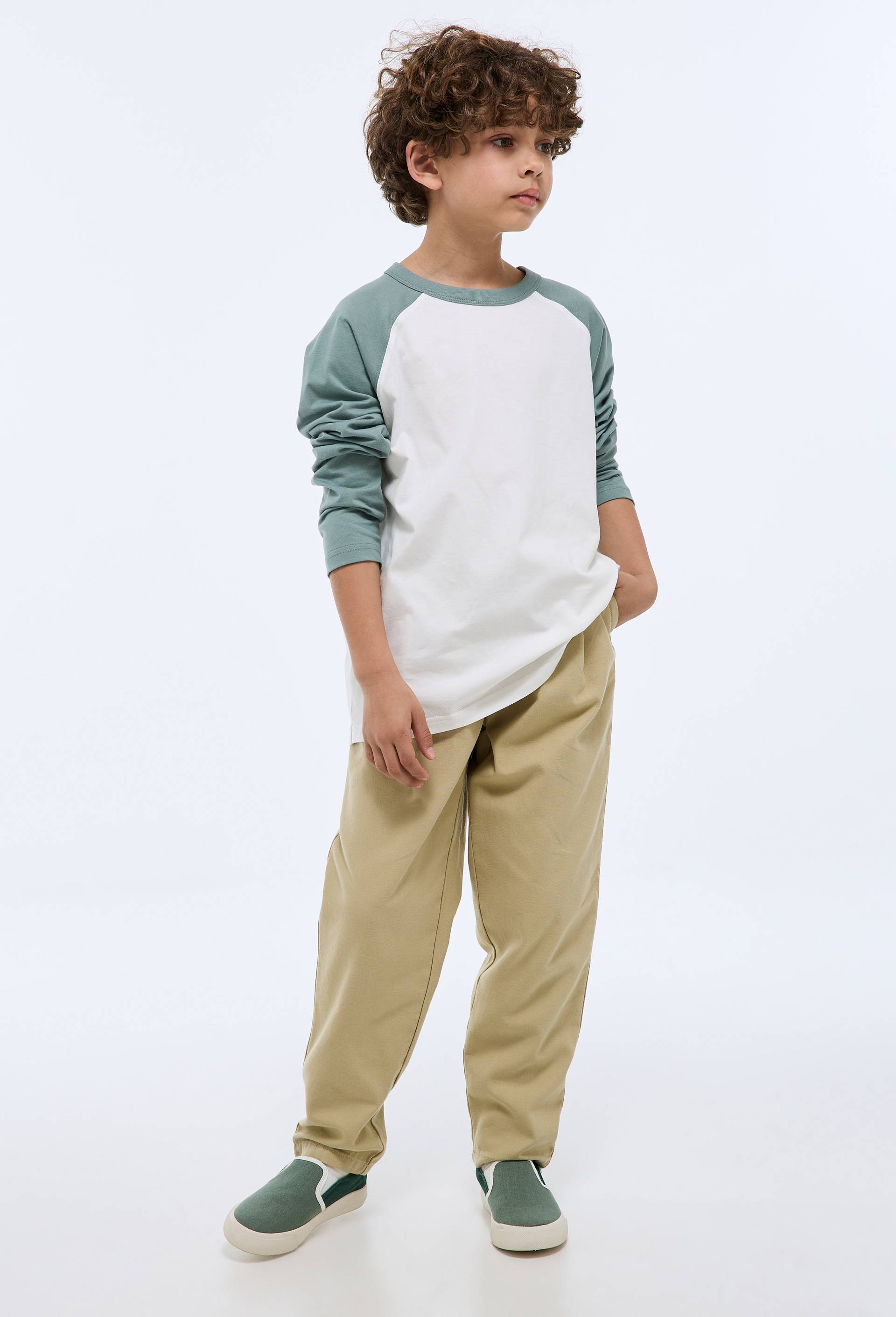 Pantalon taille &eacute;lastiqu&eacute;e uni en coton, Beige, large image number 0