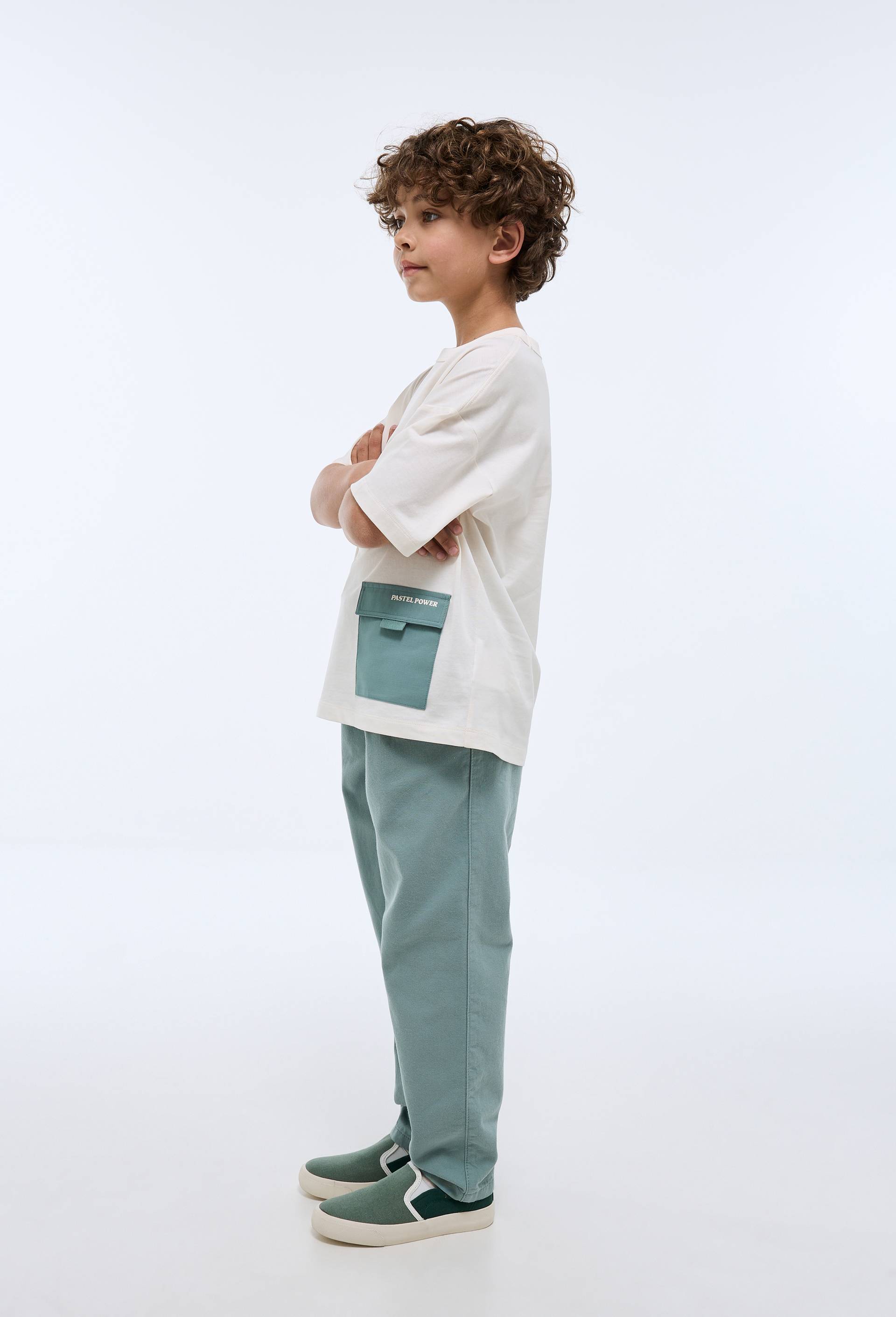 Pantalon taille &eacute;lastiqu&eacute;e uni en coton, Vert, large image number 1.0