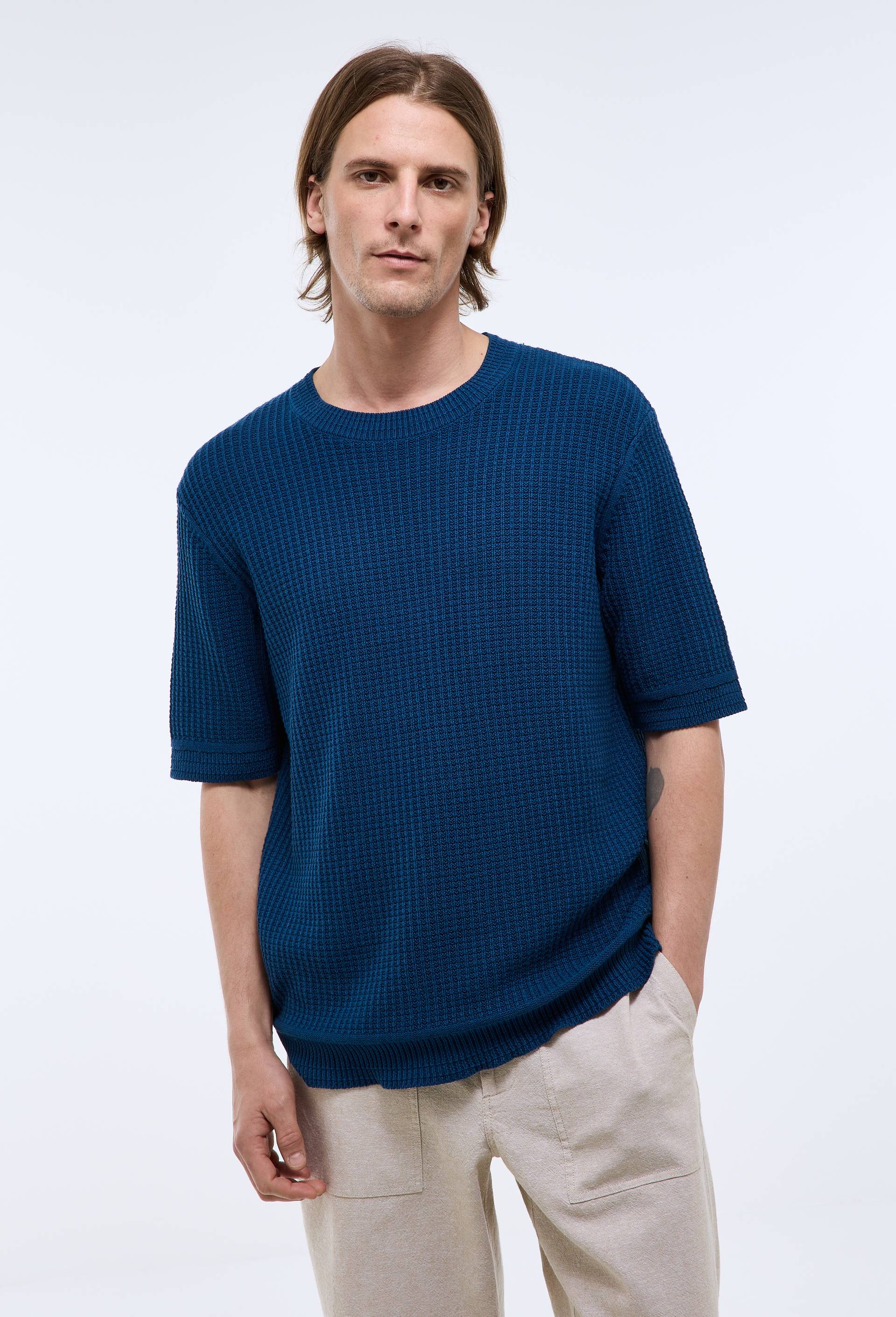 Pull manches courtes c&ocirc;tel&eacute; en coton, Bleu fonc&eacute;, large image number 1.0