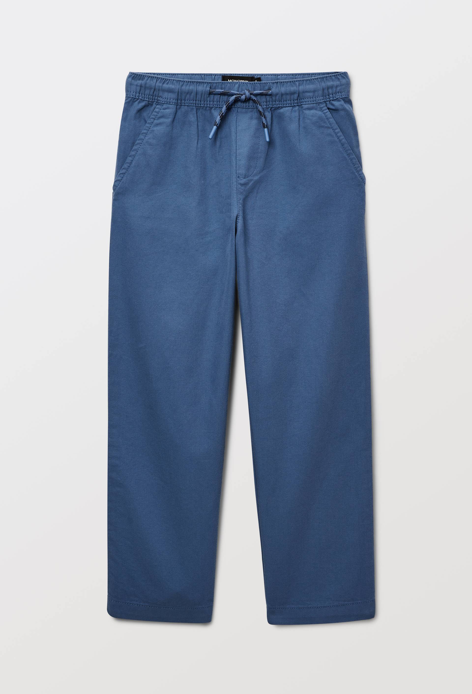 Pantalon droit &eacute;lastiqu&eacute; uni en coton, Bleu, large image number 0