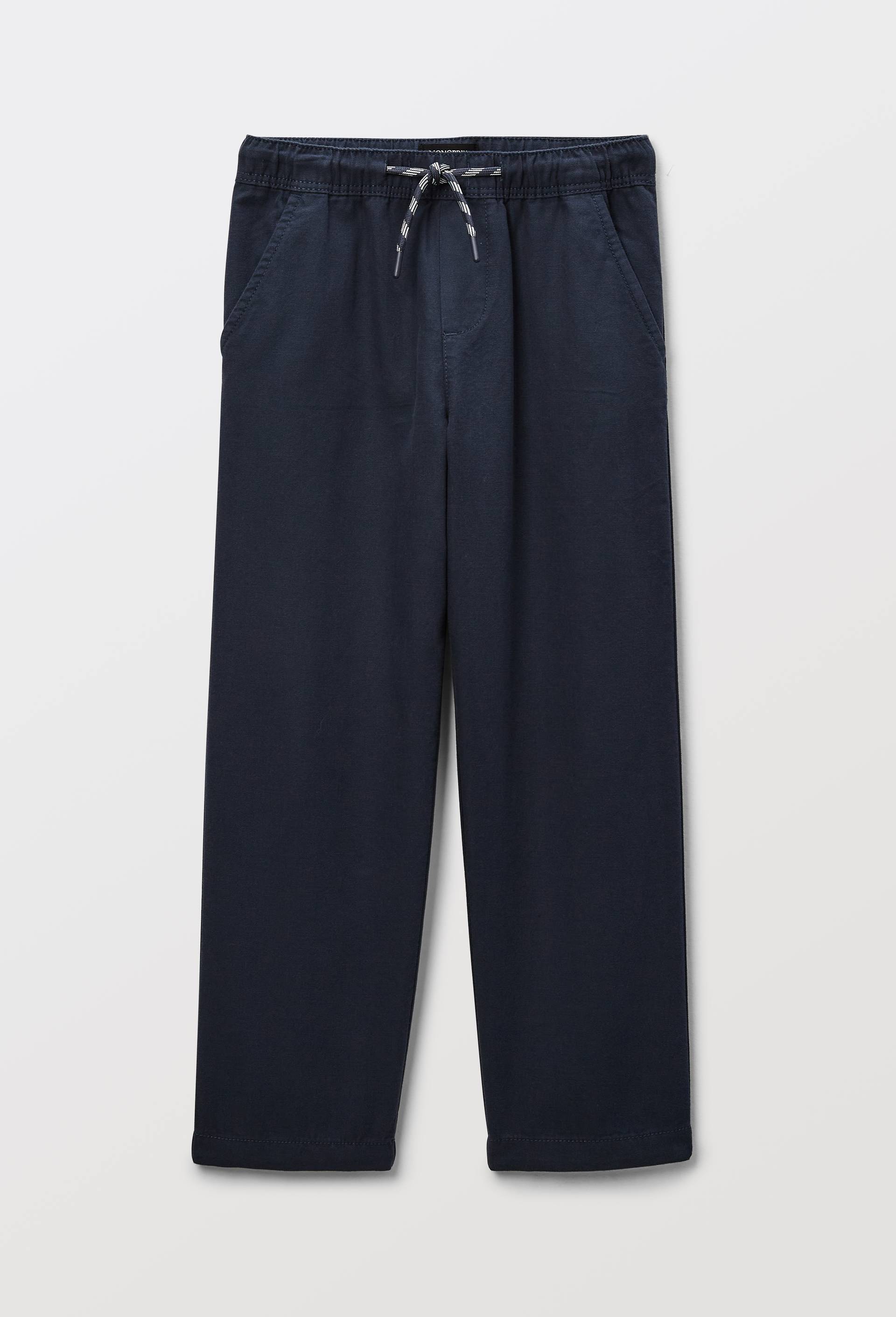 Pantalon droit &eacute;lastiqu&eacute; uni en coton, Bleu fonc&eacute;, large image number 1