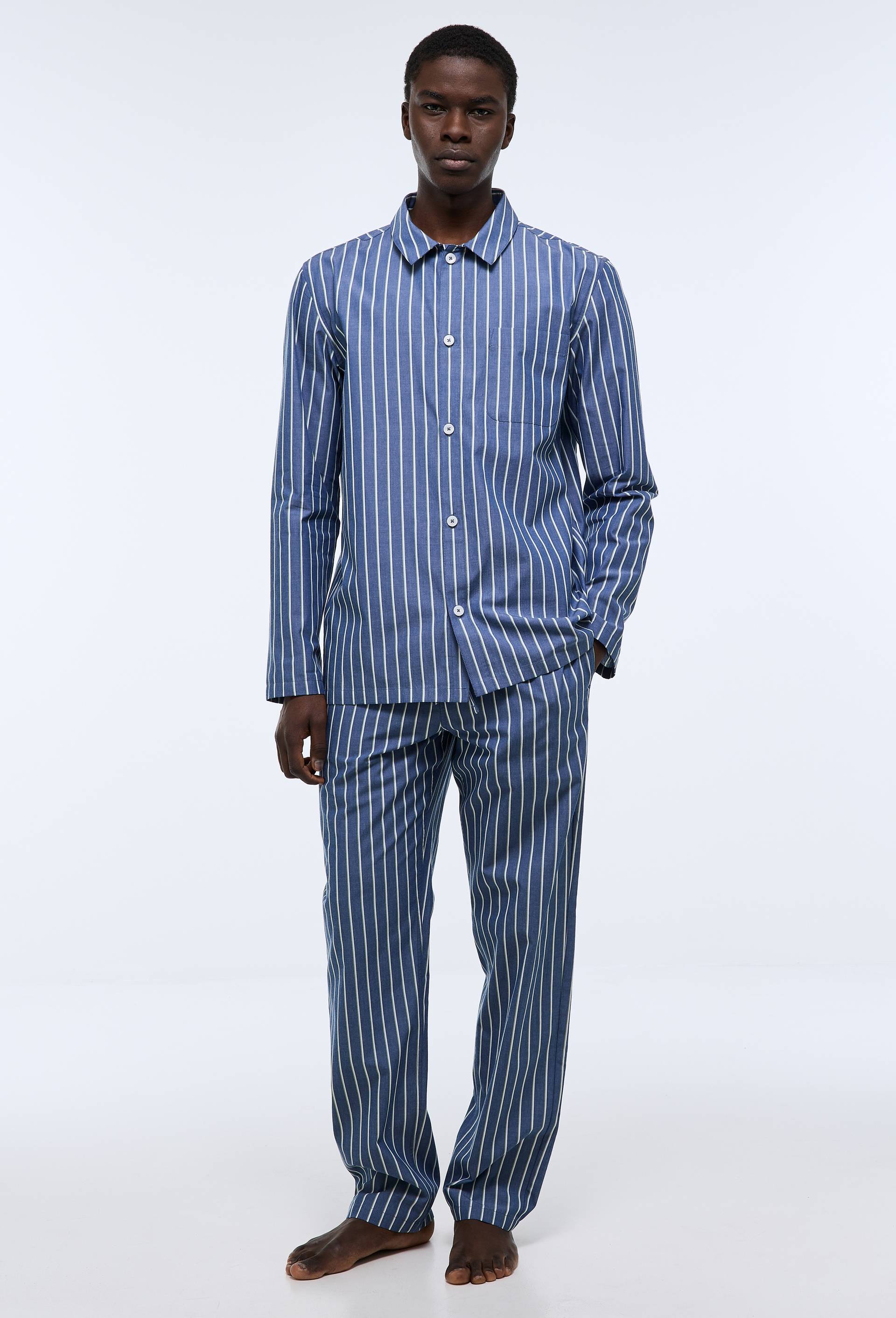 Pyjama Chemise manches longues et pantalon ray&eacute; en coton BIO GOTS, Bleu fonc&eacute;, large image number 0