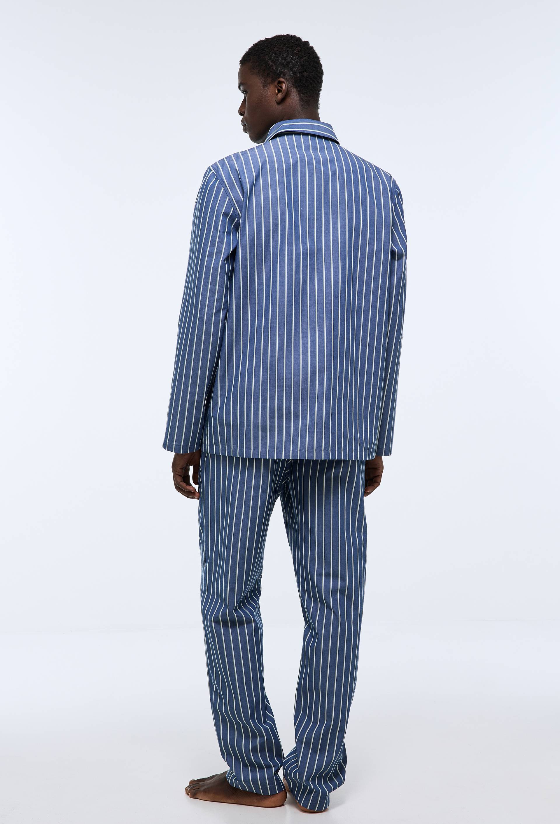 Pyjama Chemise manches longues et pantalon ray&eacute; en coton BIO GOTS, Bleu fonc&eacute;, large image number 1
