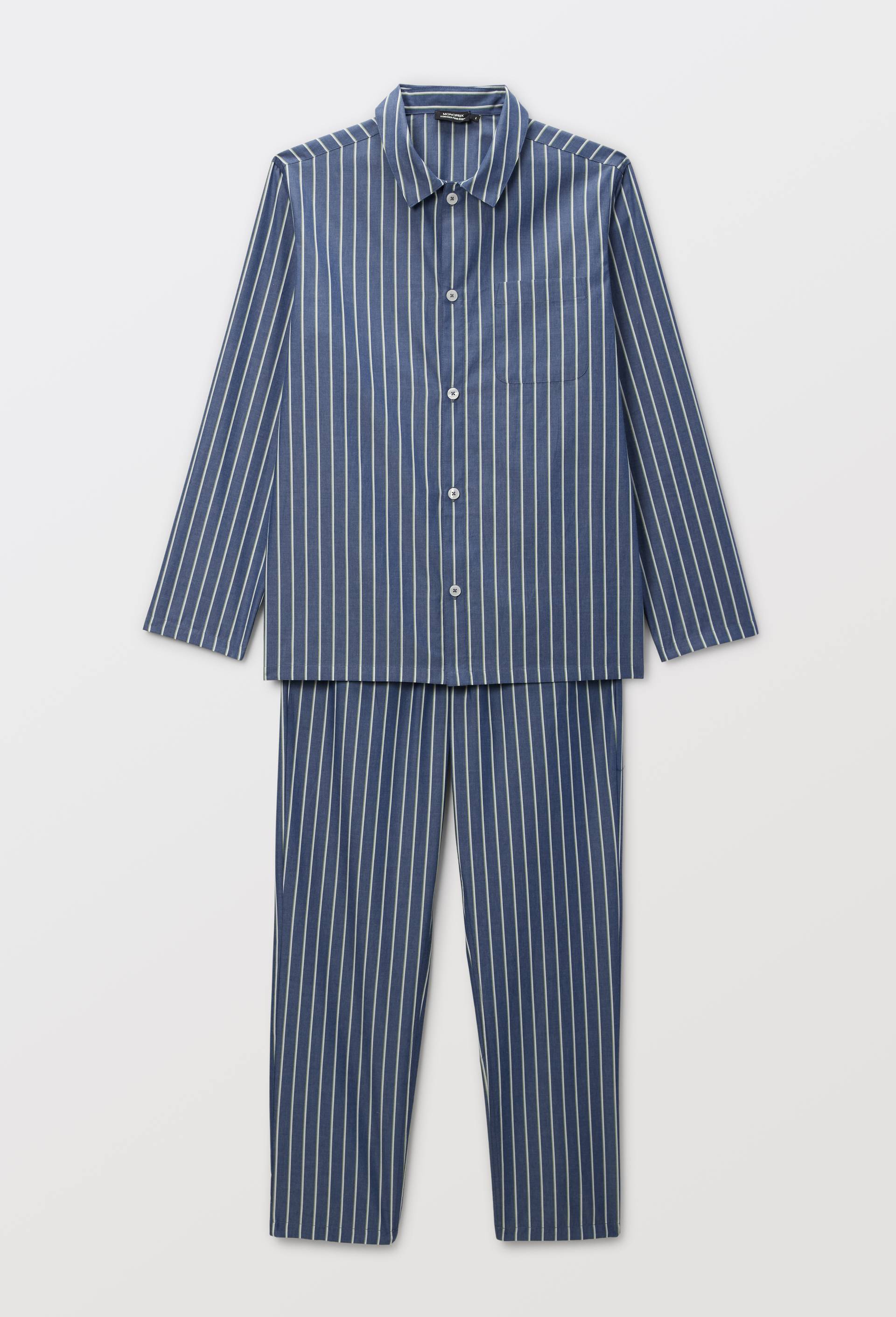 Pyjama Chemise manches longues et pantalon ray&eacute; en coton BIO GOTS, Bleu fonc&eacute;, large image number 2.0