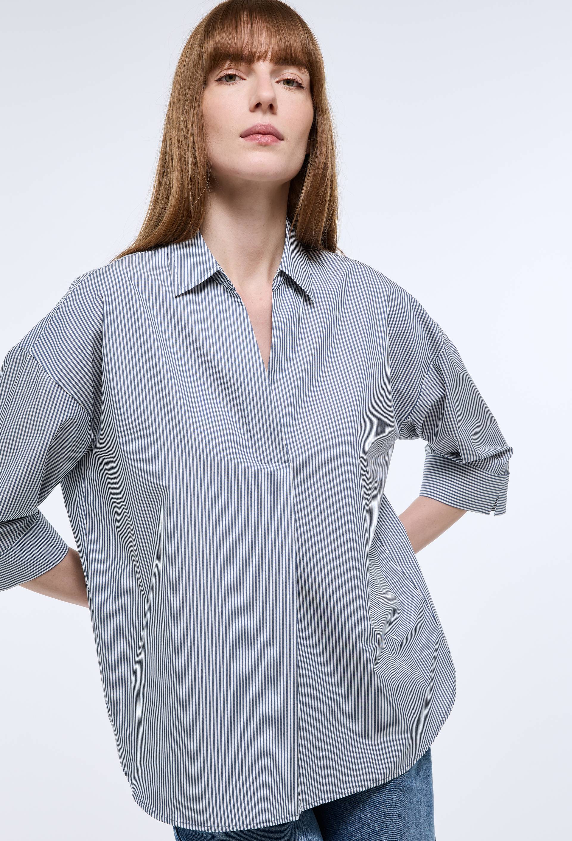 Blouse manches trois quarts ray&eacute;e en coton BIO GOTS, Bleu fonc&eacute;, large image number 0.0
