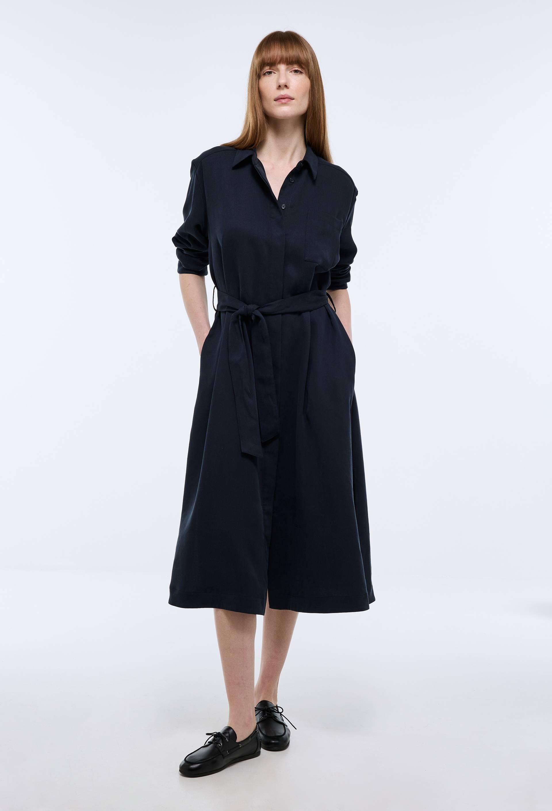 Robe midi col chemise ceintur&eacute;e, Bleu fonc&eacute;, large image number 0