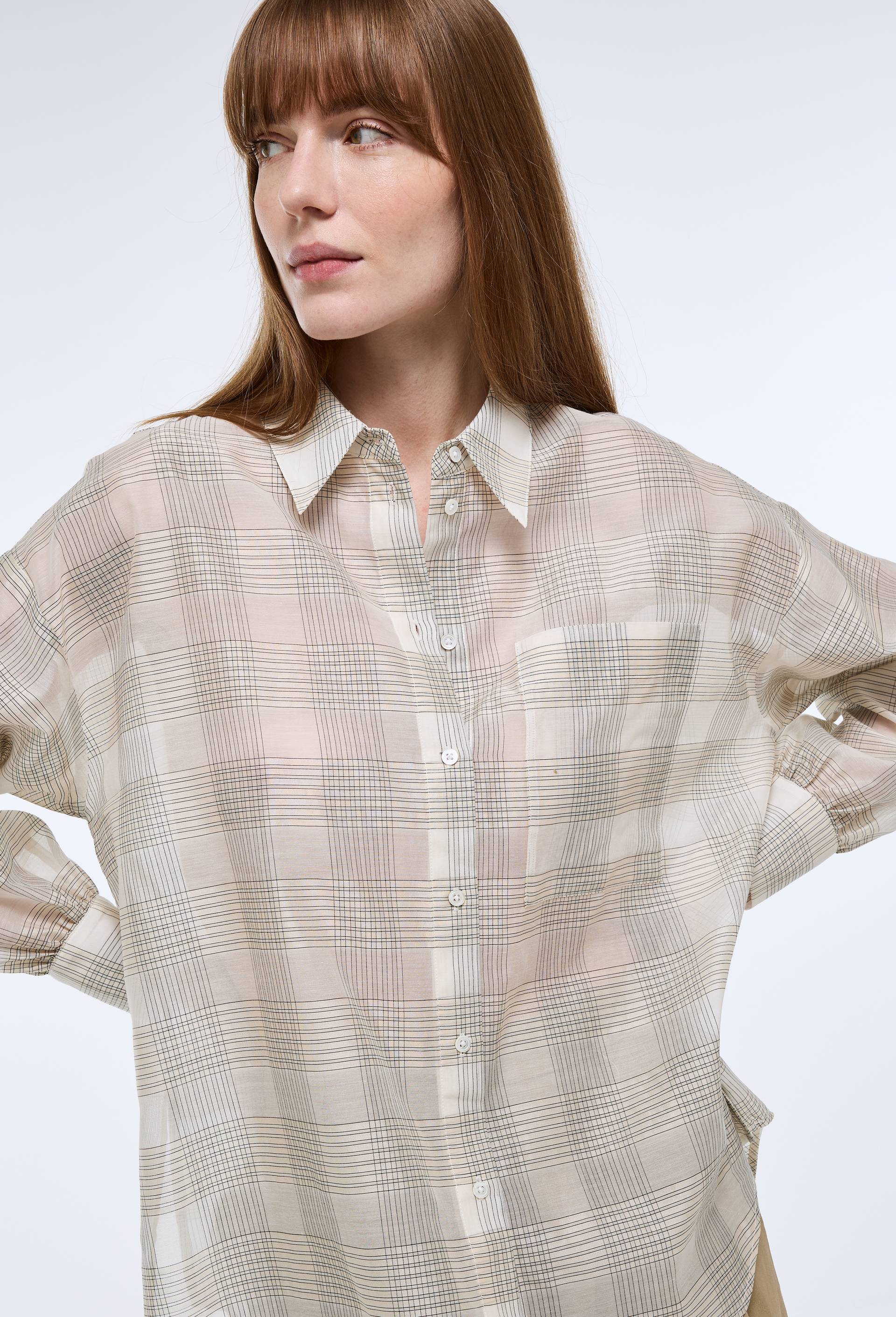 Chemise manches longues &agrave; carreaux en coton et soie, Ecru, large image number 0