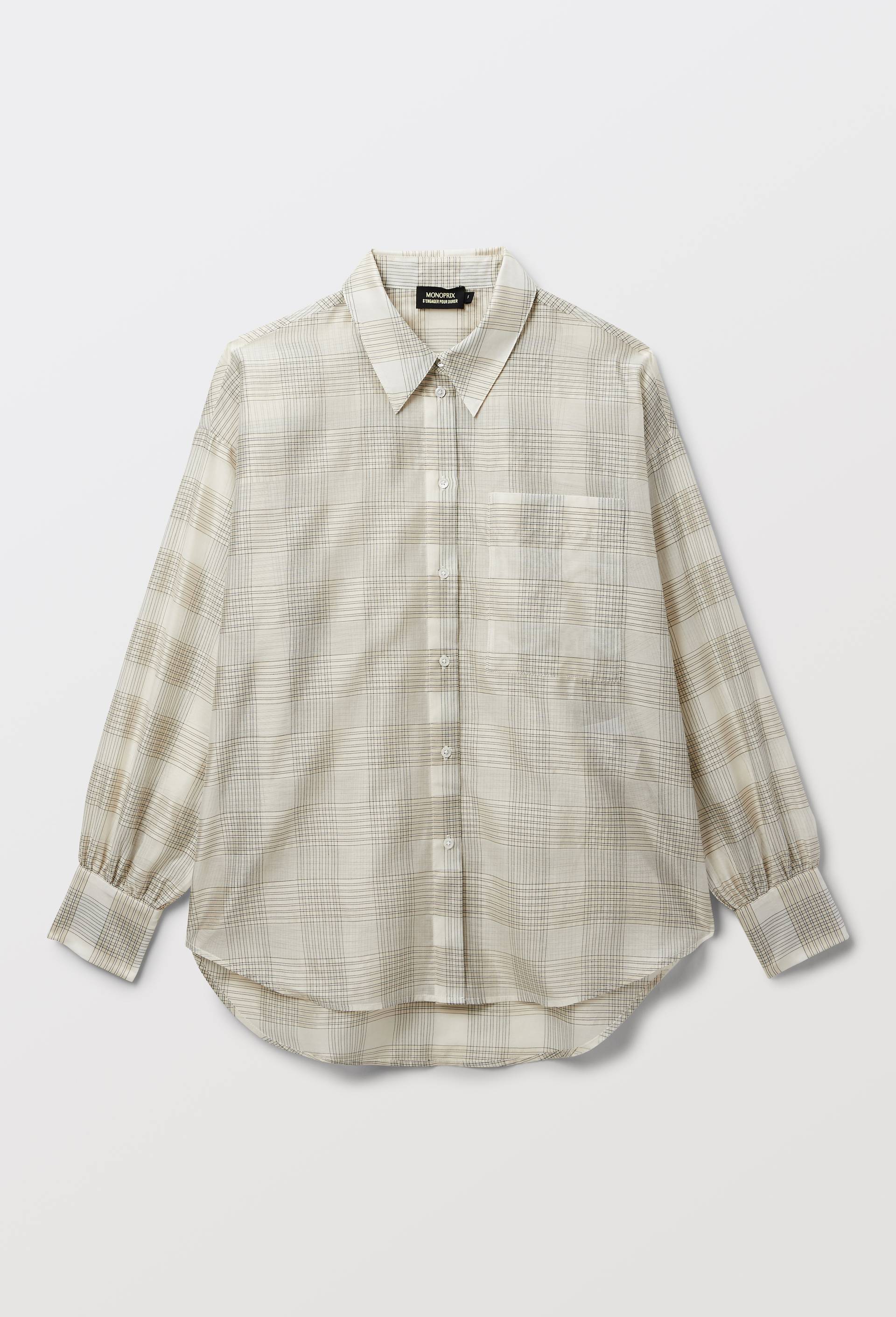 Chemise manches longues &agrave; carreaux en coton et soie, Ecru, large image number 3.0