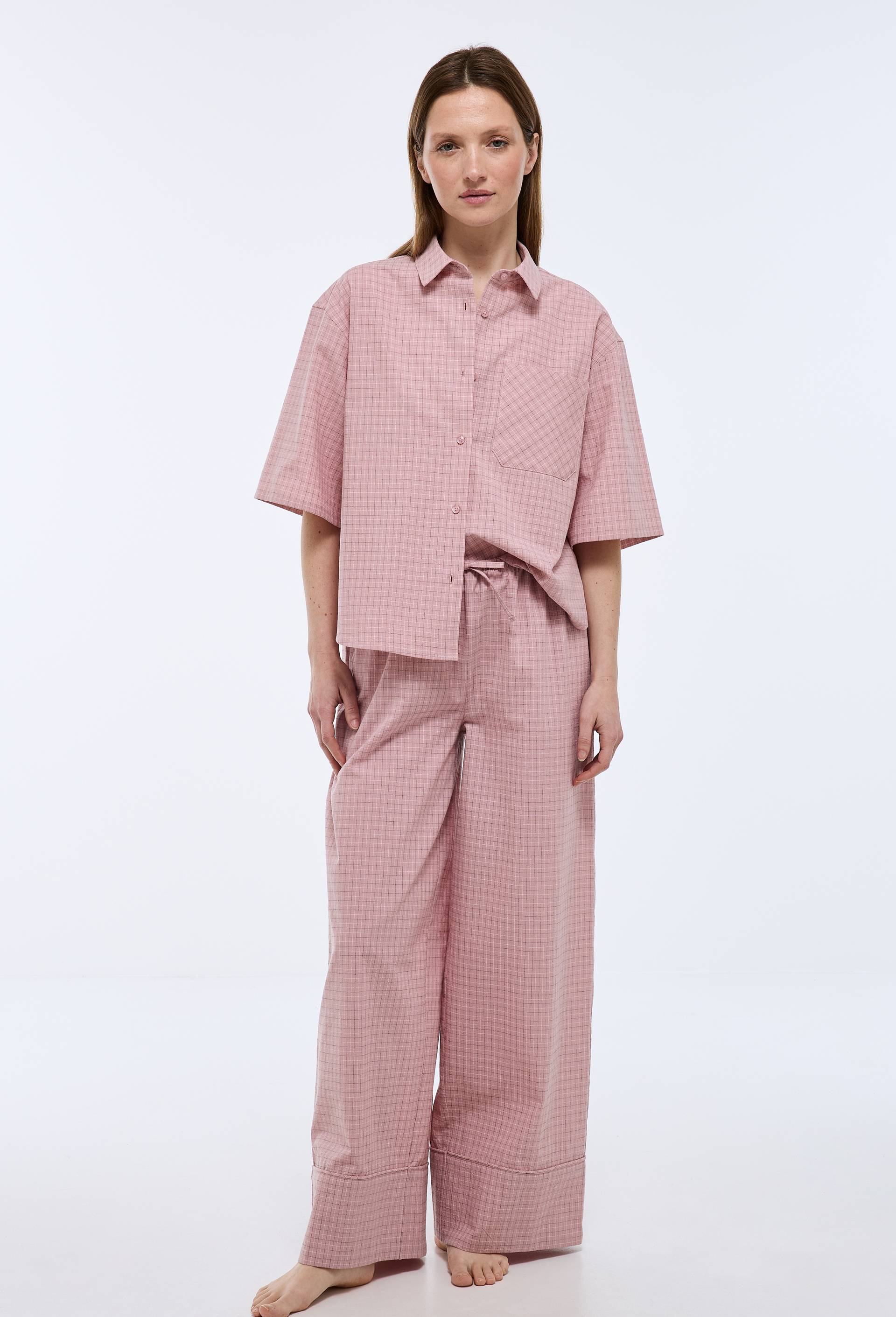 Pantalon &agrave; carreaux en coton, Rose clair, large image number 0.0