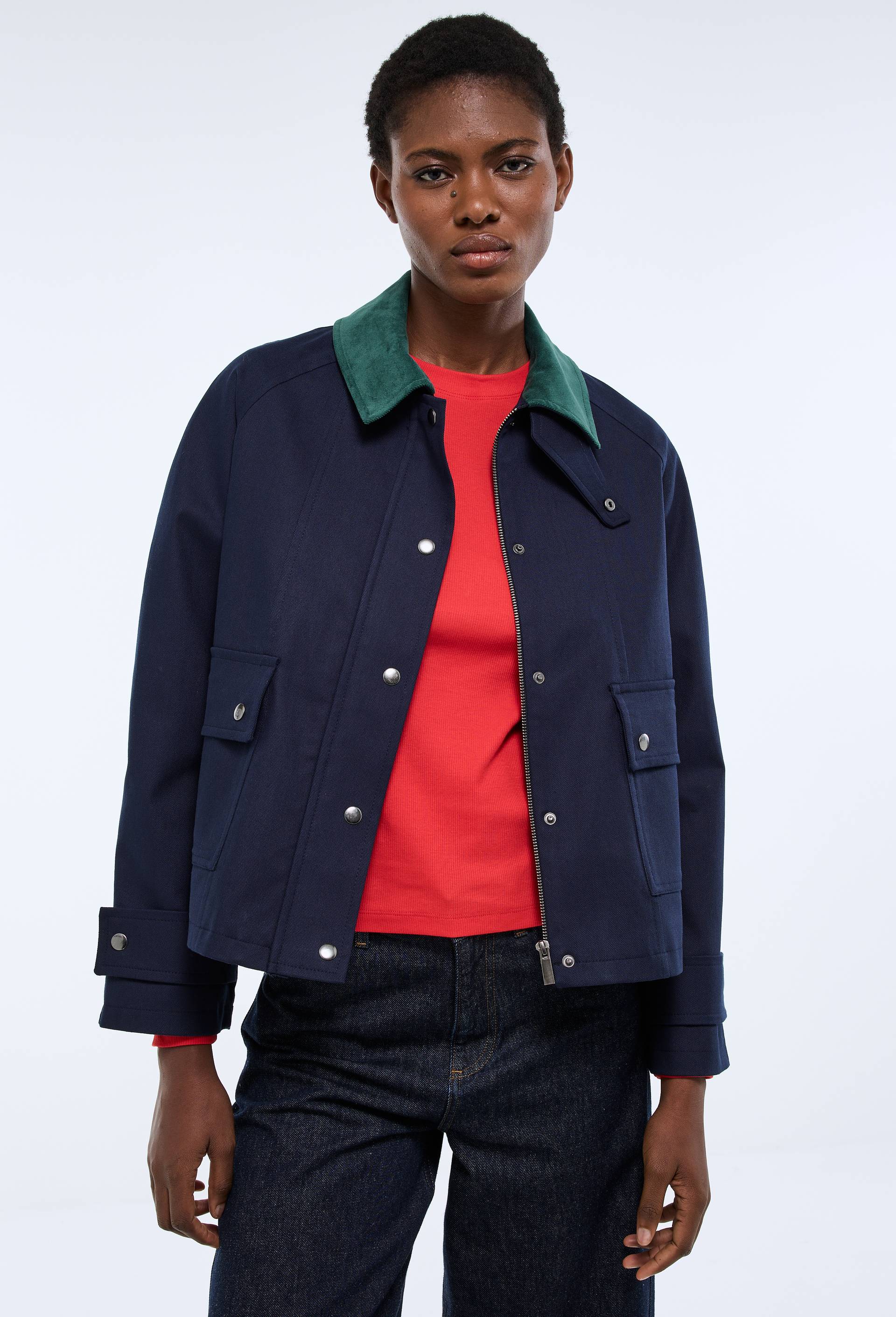 Veste courte col velours contenant du coton, Bleu, large image number 0