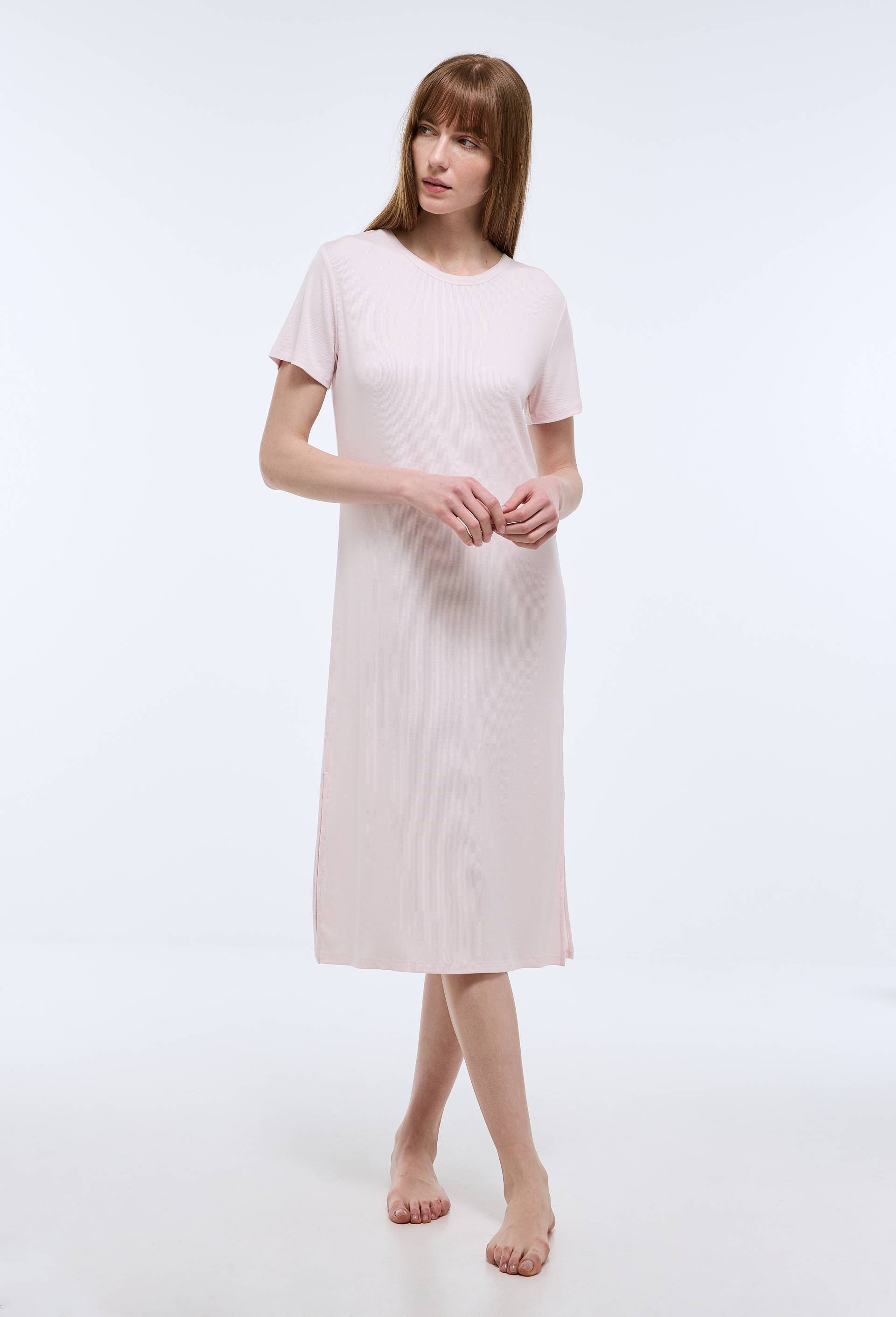 Chemise de nuit manches courtes en modal avec d&eacute;tails en mesh, Rose clair, swatch image