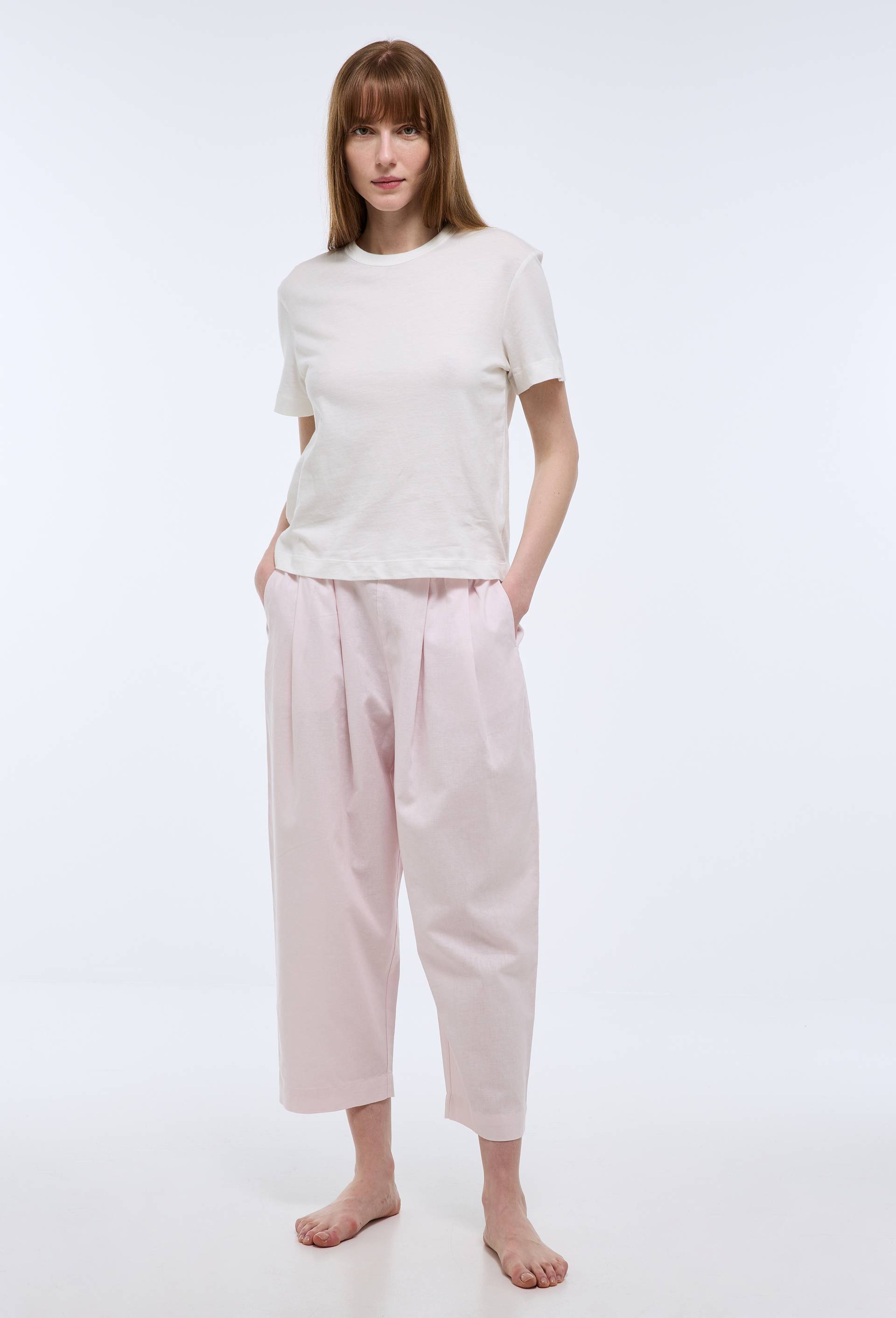 Pantalon uni en lin et coton, Rose clair, large image number 0