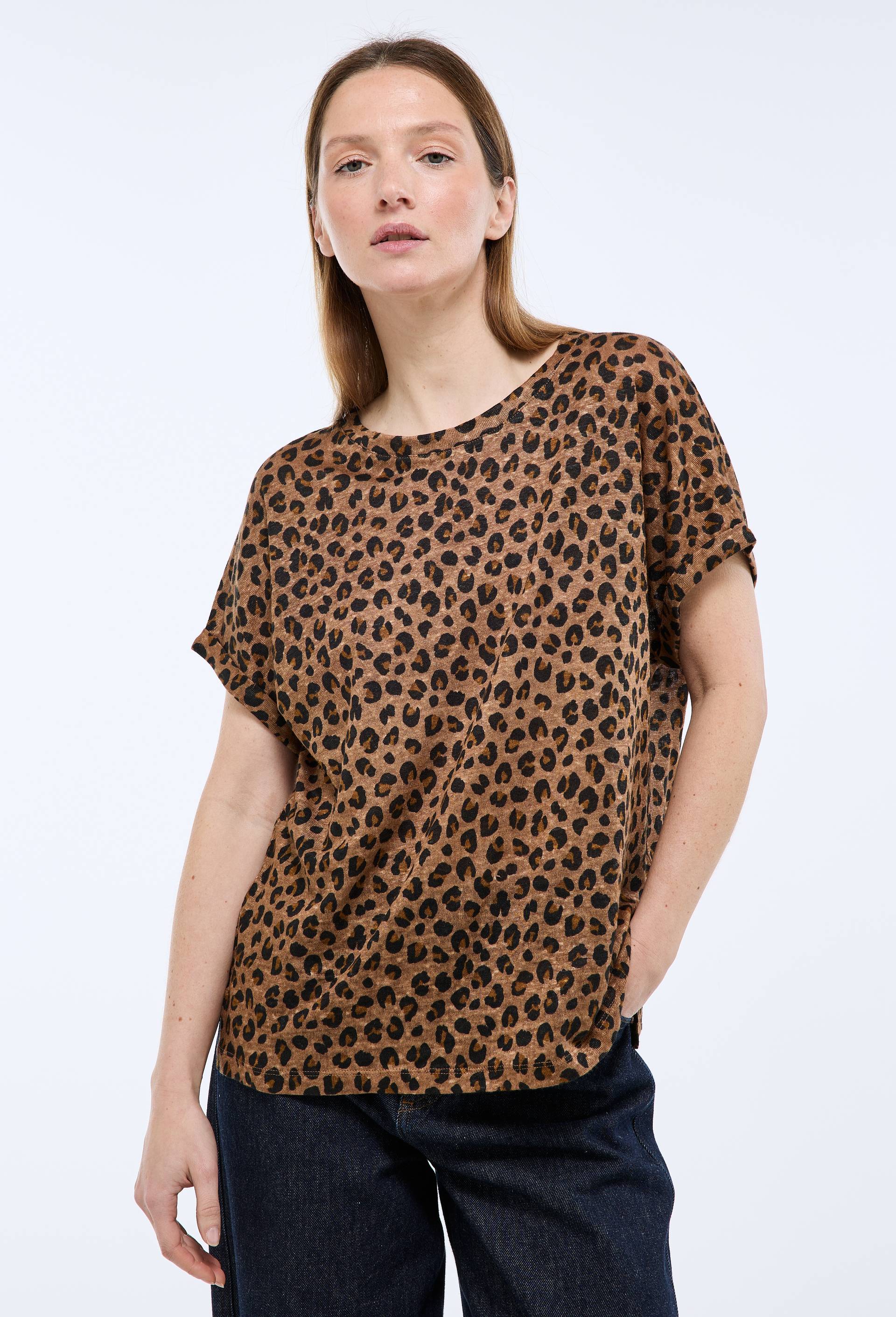 T-shirt manches &agrave; revers imprim&eacute; en lin, certifi&eacute; Oeko-Tex, Brun clair, large image number 0