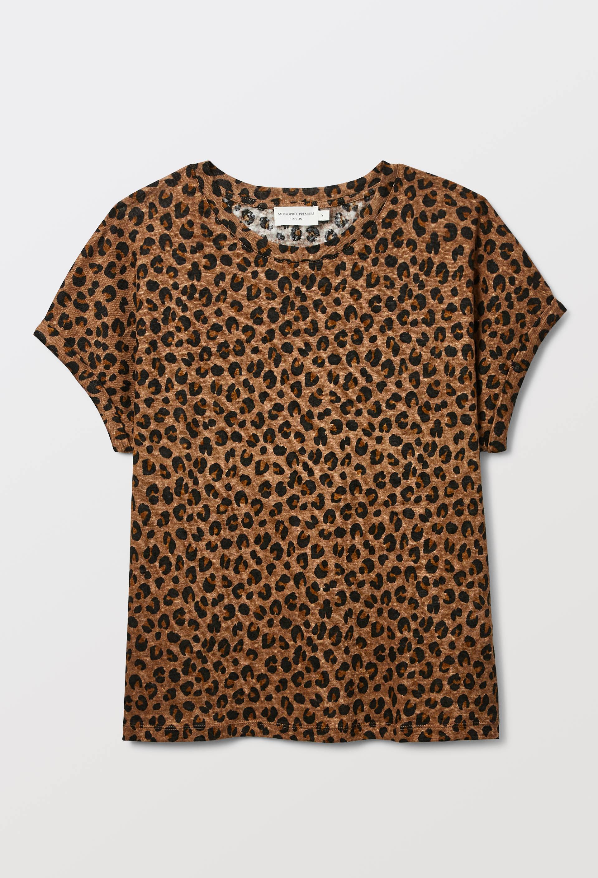 T-shirt manches &agrave; revers imprim&eacute; en lin, certifi&eacute; Oeko-Tex, Brun clair, large image number 2.0