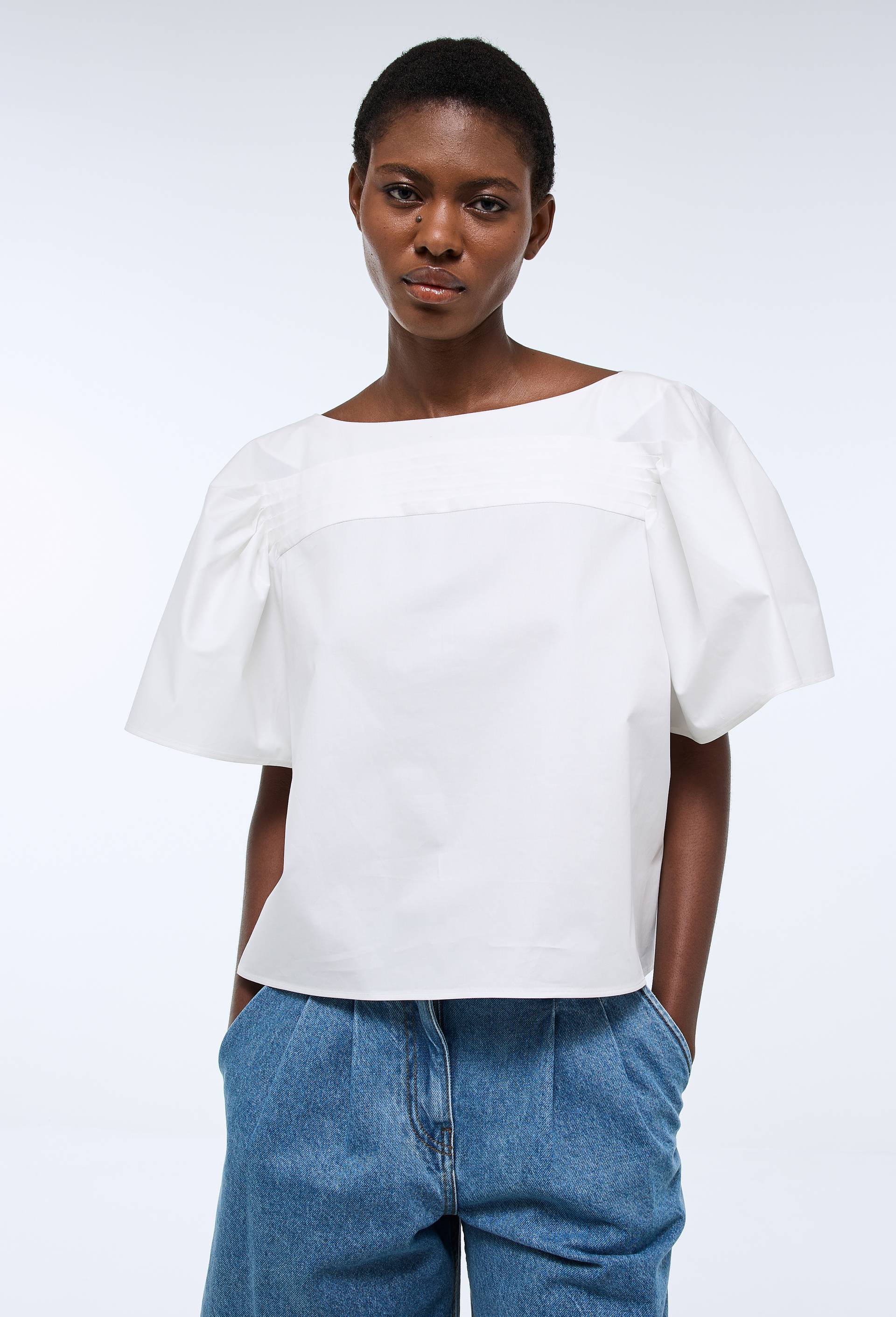 Blouse manches courtes unie en coton, Blanc, large image number 0