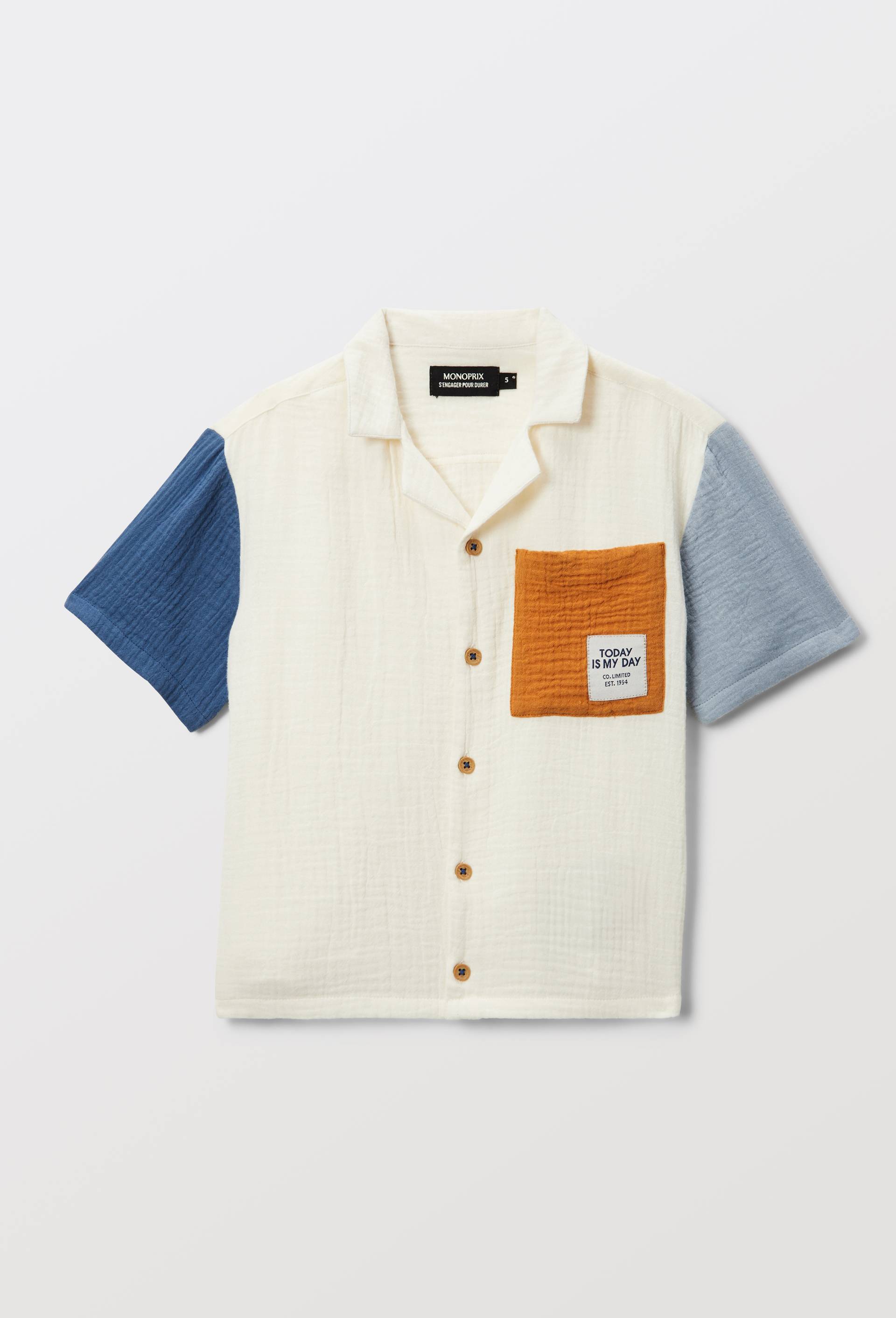 Chemise &agrave; manches courtes tricolore en coton, Beige clair, large image number 2