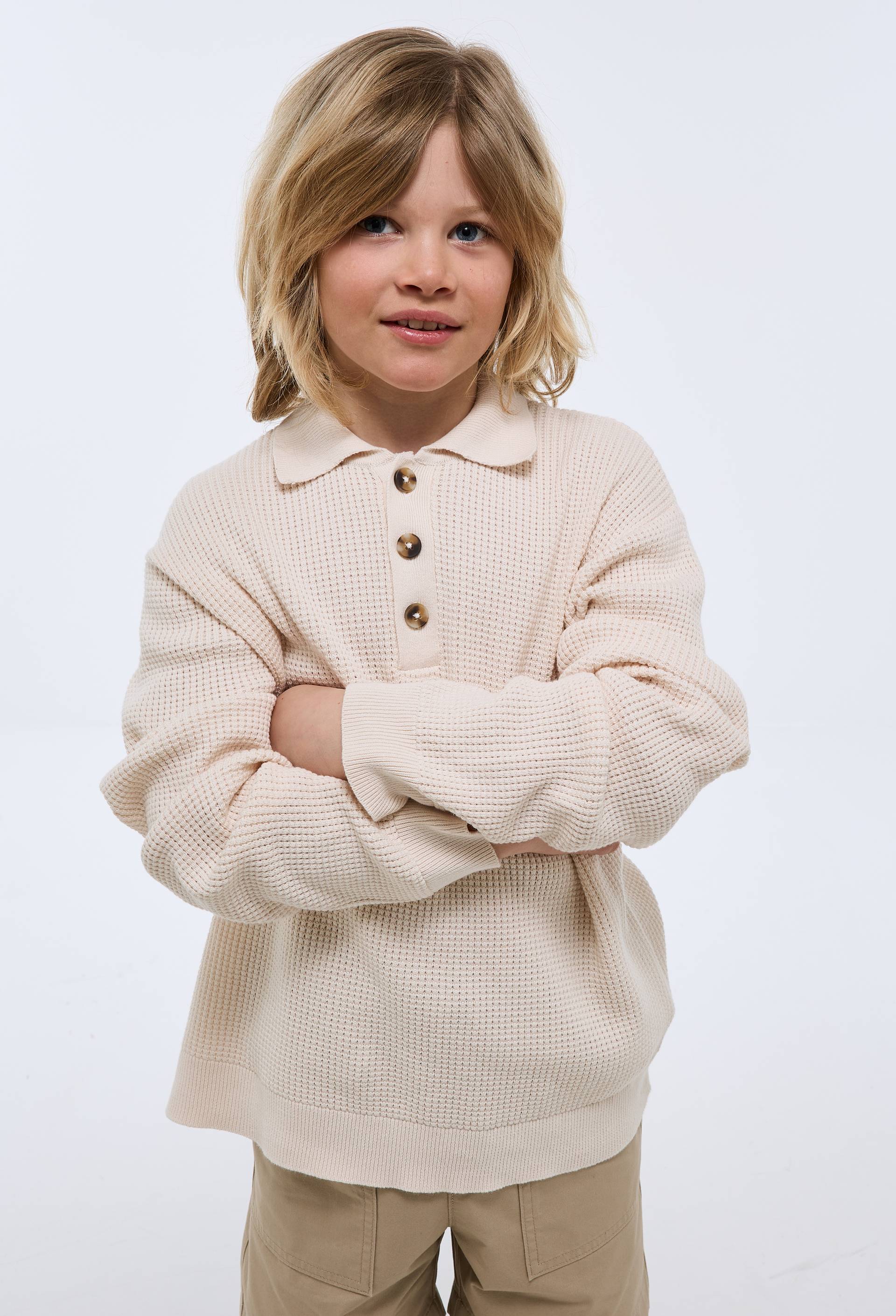 Pull uni col polo en coton, Beige clair, large image number 0