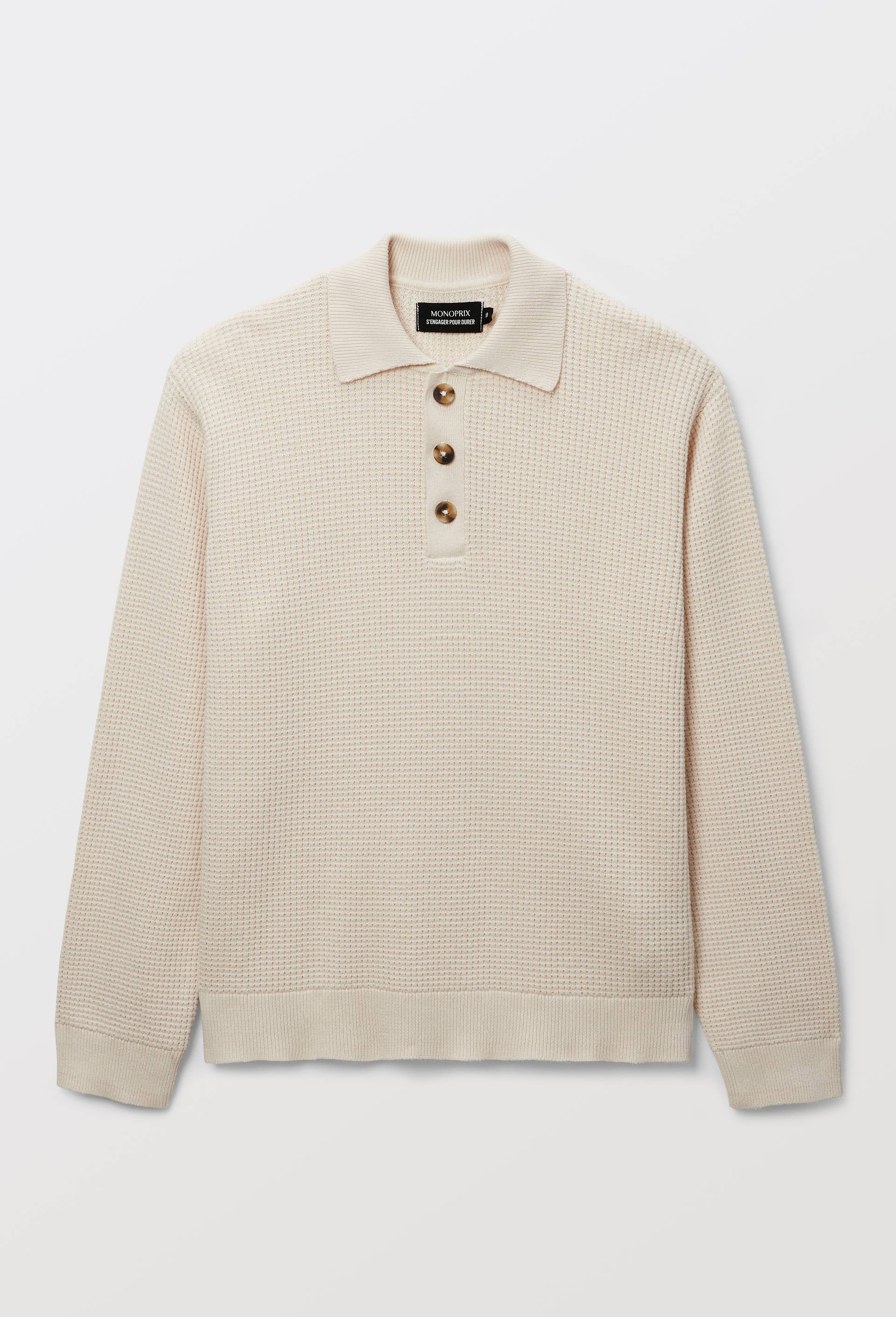 Pull uni col polo en coton, Beige clair, large image number 1