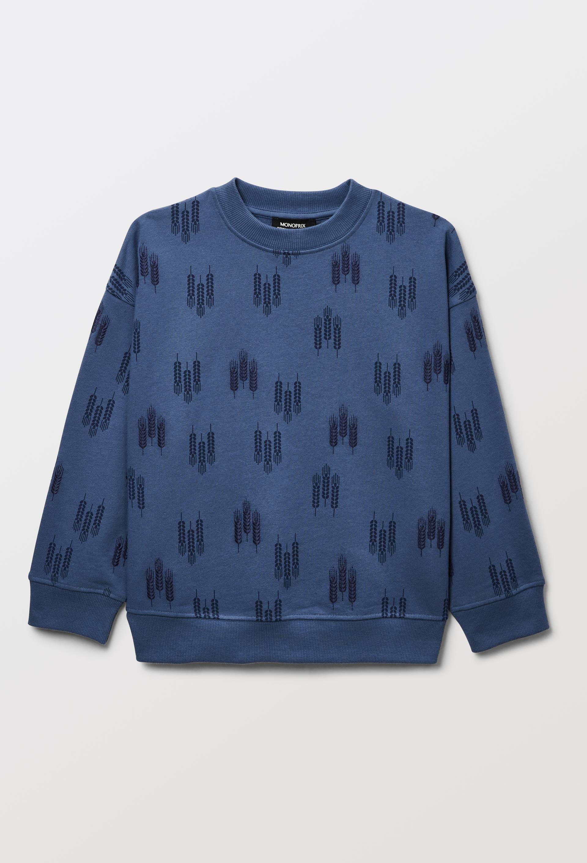 Sweat col rond imprim&eacute; en coton BIO GOTS, Bleu, large image number 2.0