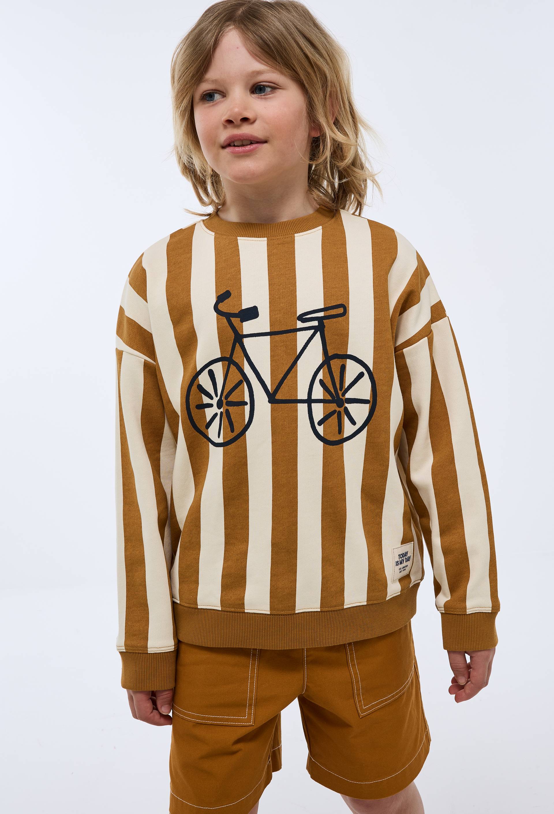 Sweat col rond imprim&eacute; en coton BIO GOTS, Brun clair, large image number 0.0