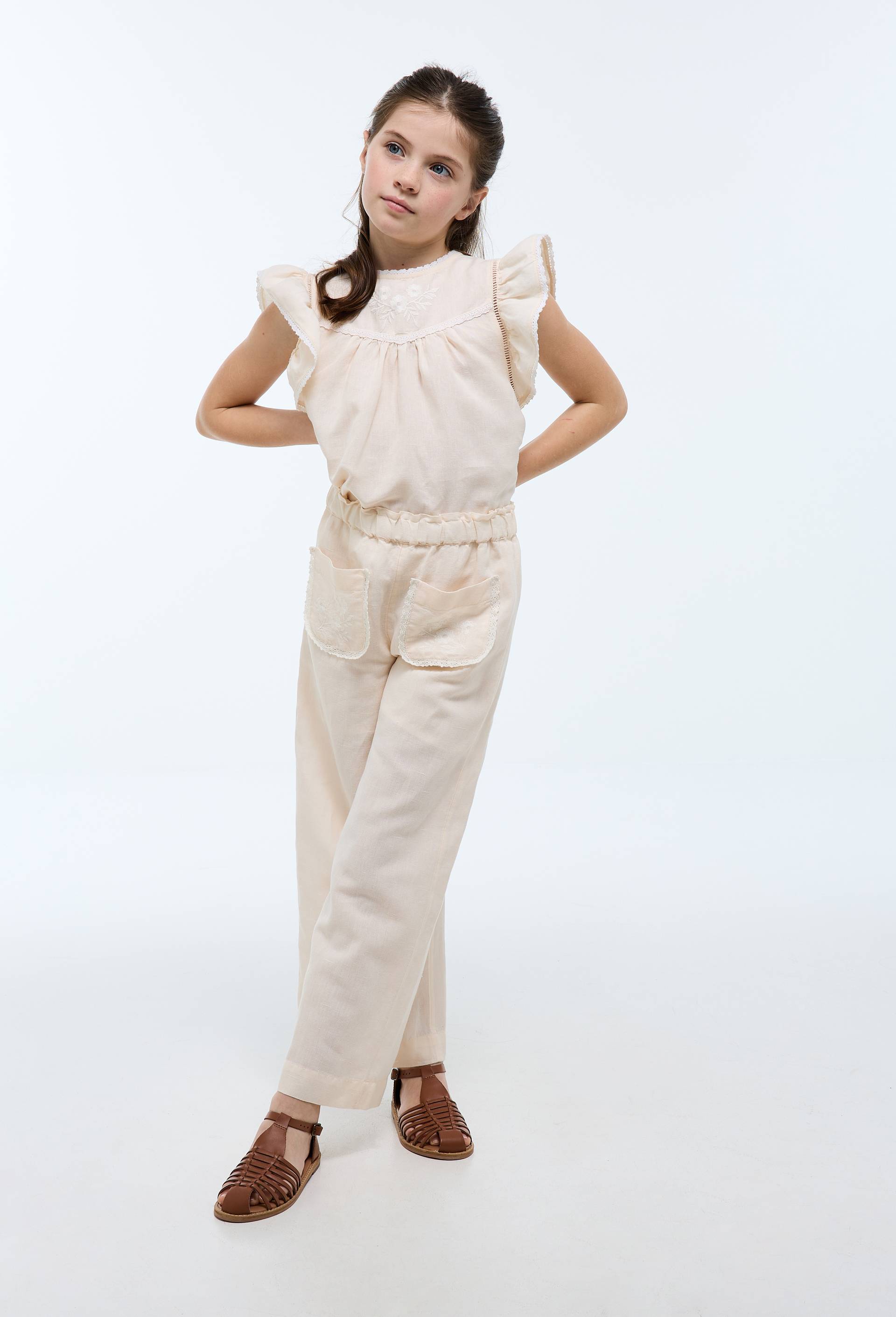 Pantalon droit brod&eacute; en lin et coton, Beige clair, large image number 0