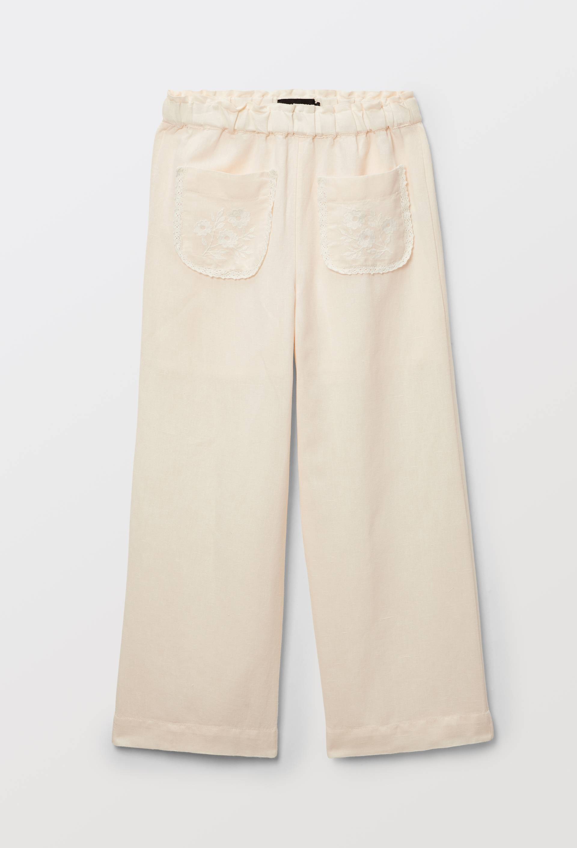 Pantalon droit brod&eacute; en lin et coton, Beige clair, large image number 1