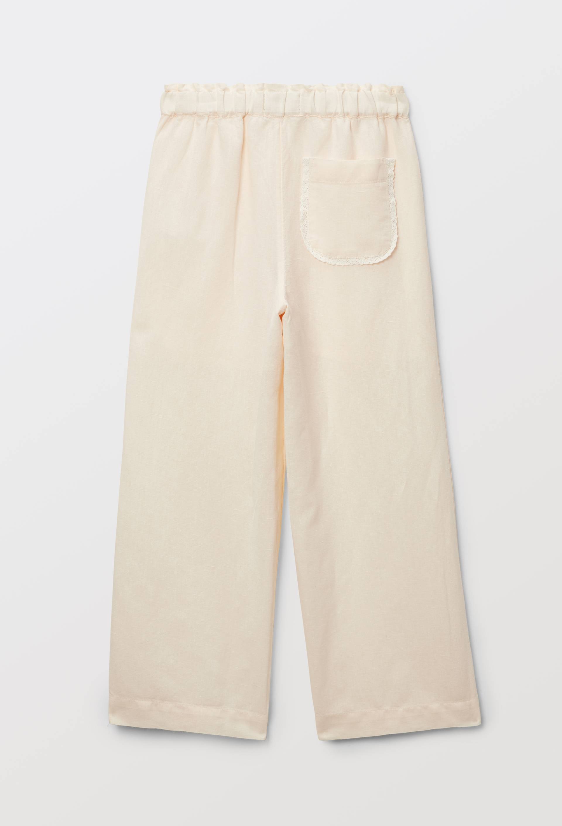 Pantalon droit brod&eacute; en lin et coton, Beige clair, large image number 2.0