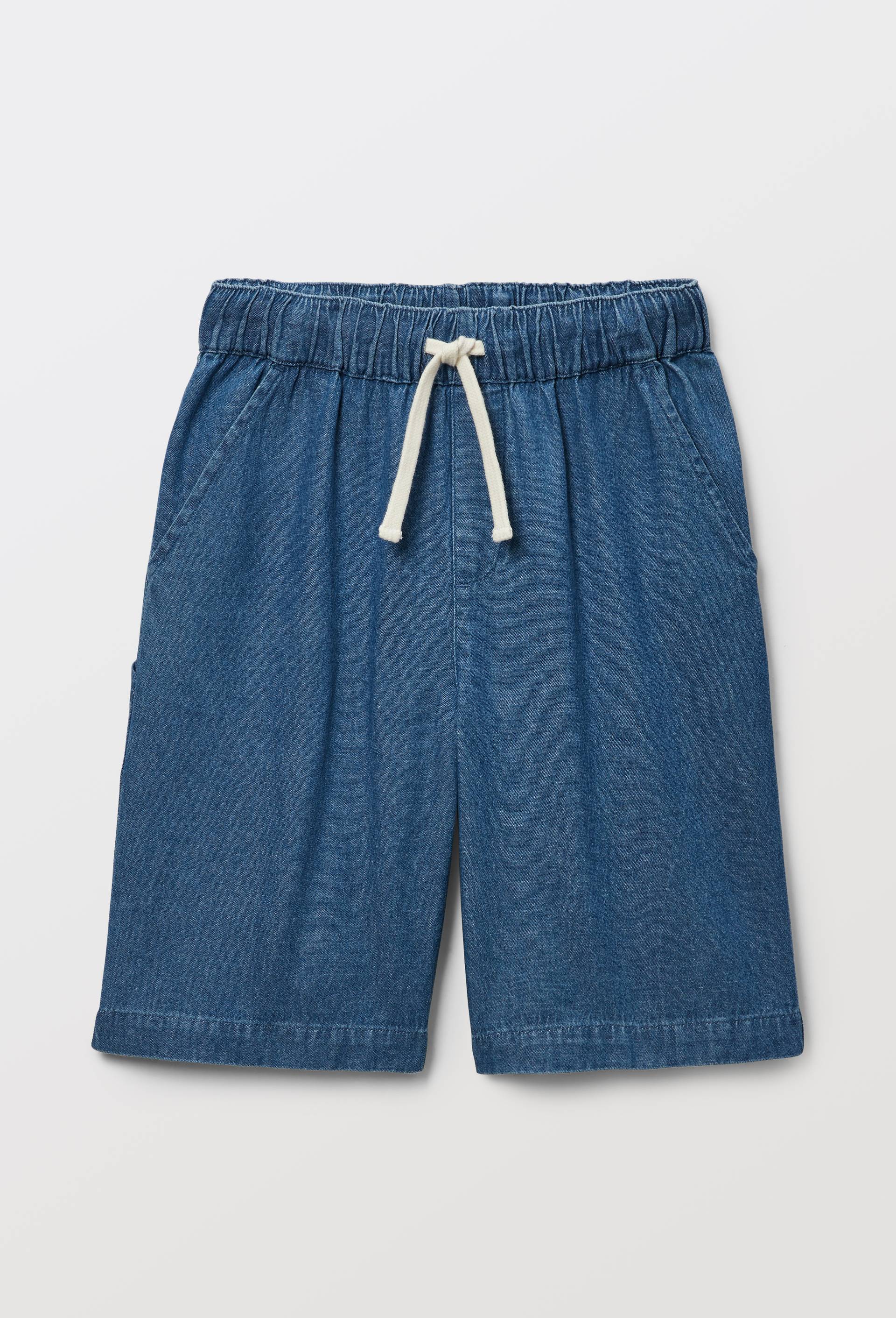 Bermuda droit &eacute;lastiqu&eacute; en jean uni en 100% coton, Bleu, large image number 1.0