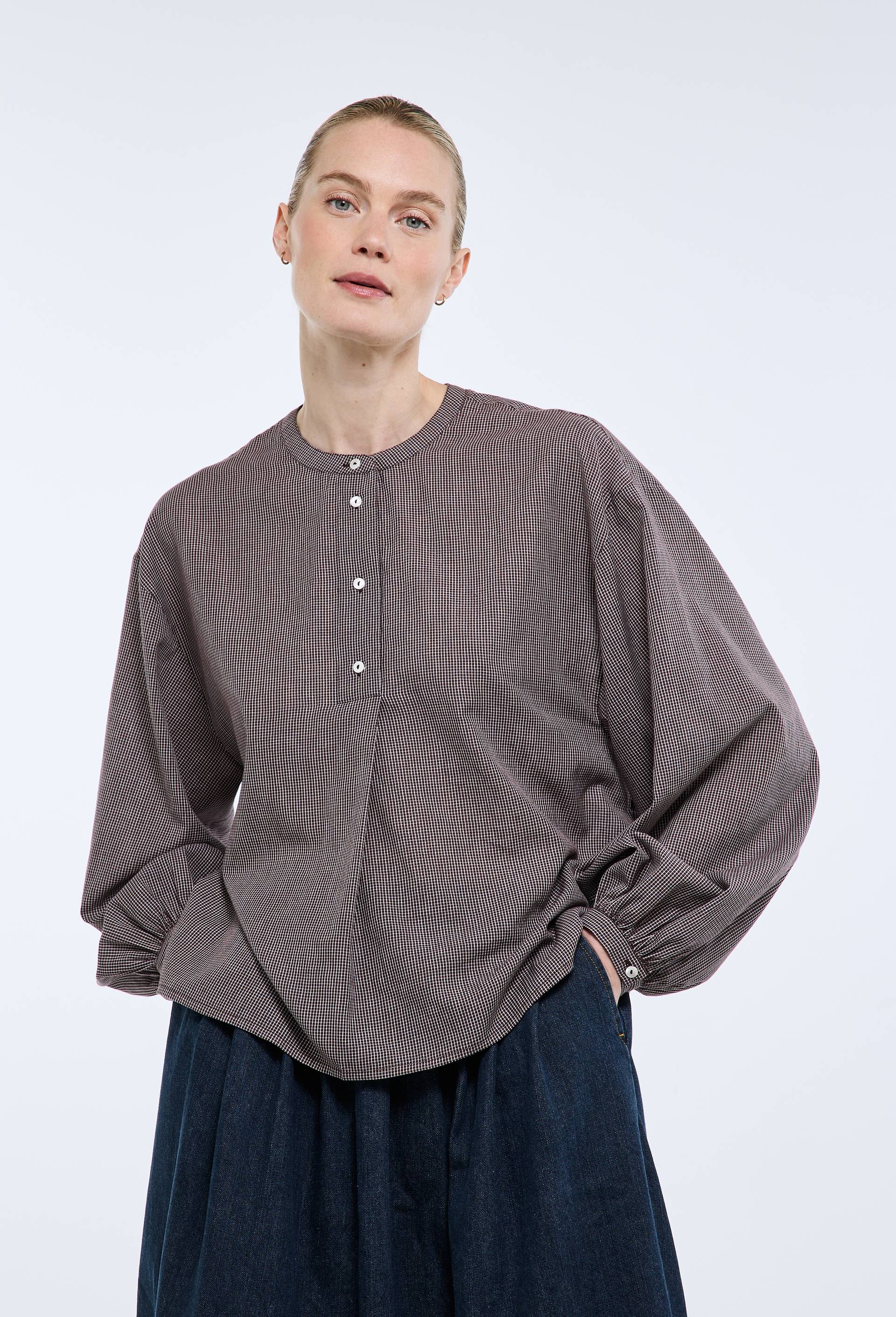 Blouse manches longues &agrave; carreaux en coton BIO GOTS, Brun fonc&eacute;, large image number 0