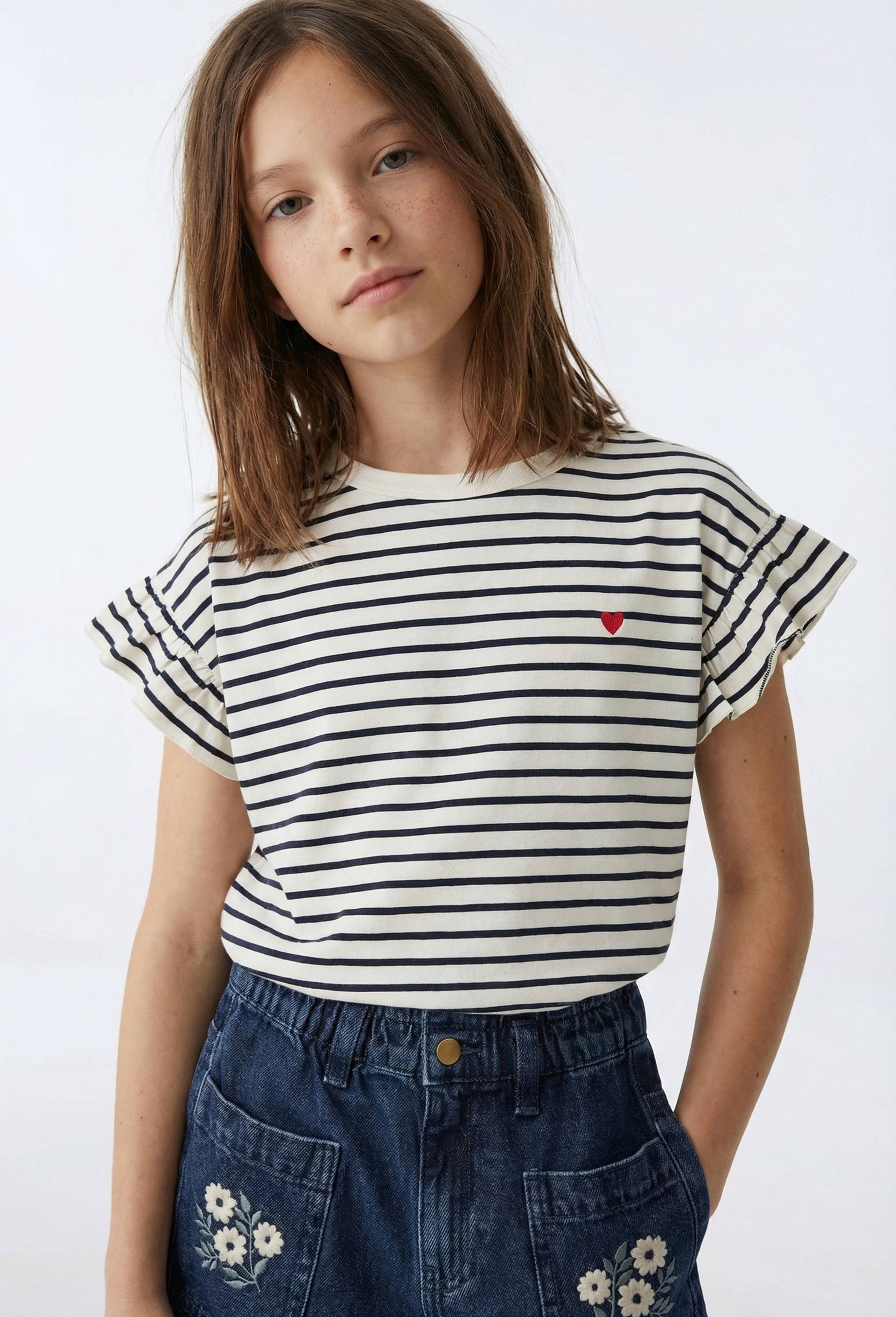 T-shirt fleur brod&eacute;e, coton BIO, Bleu fonc&eacute;, large image number 0