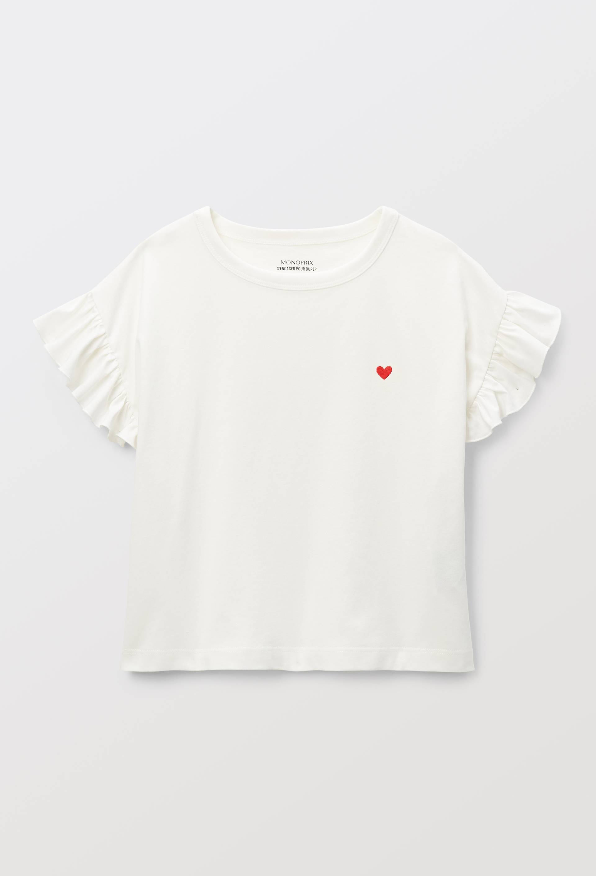 T-shirt manches volant&eacute;es en coton, Blanc, large image number 1