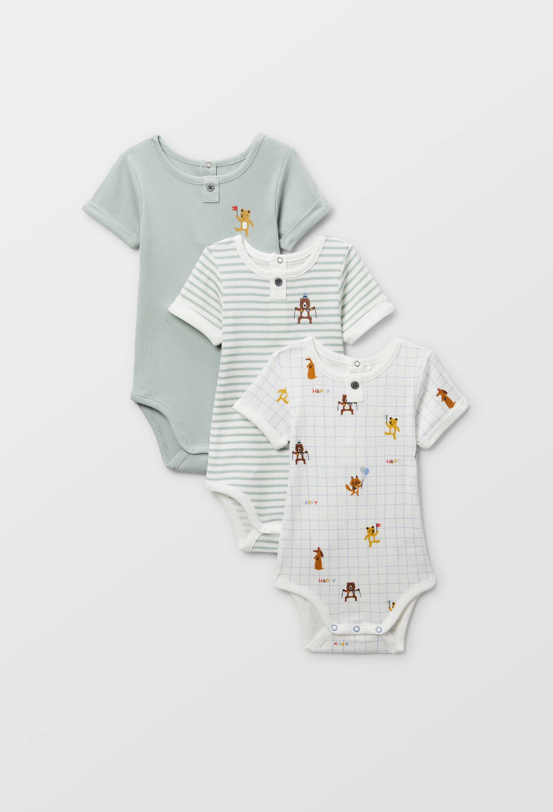 Lot de 3 bodies manches courtes imprim&eacute; en coton BIO GOTS, Vert fonc&eacute;, large image number 0